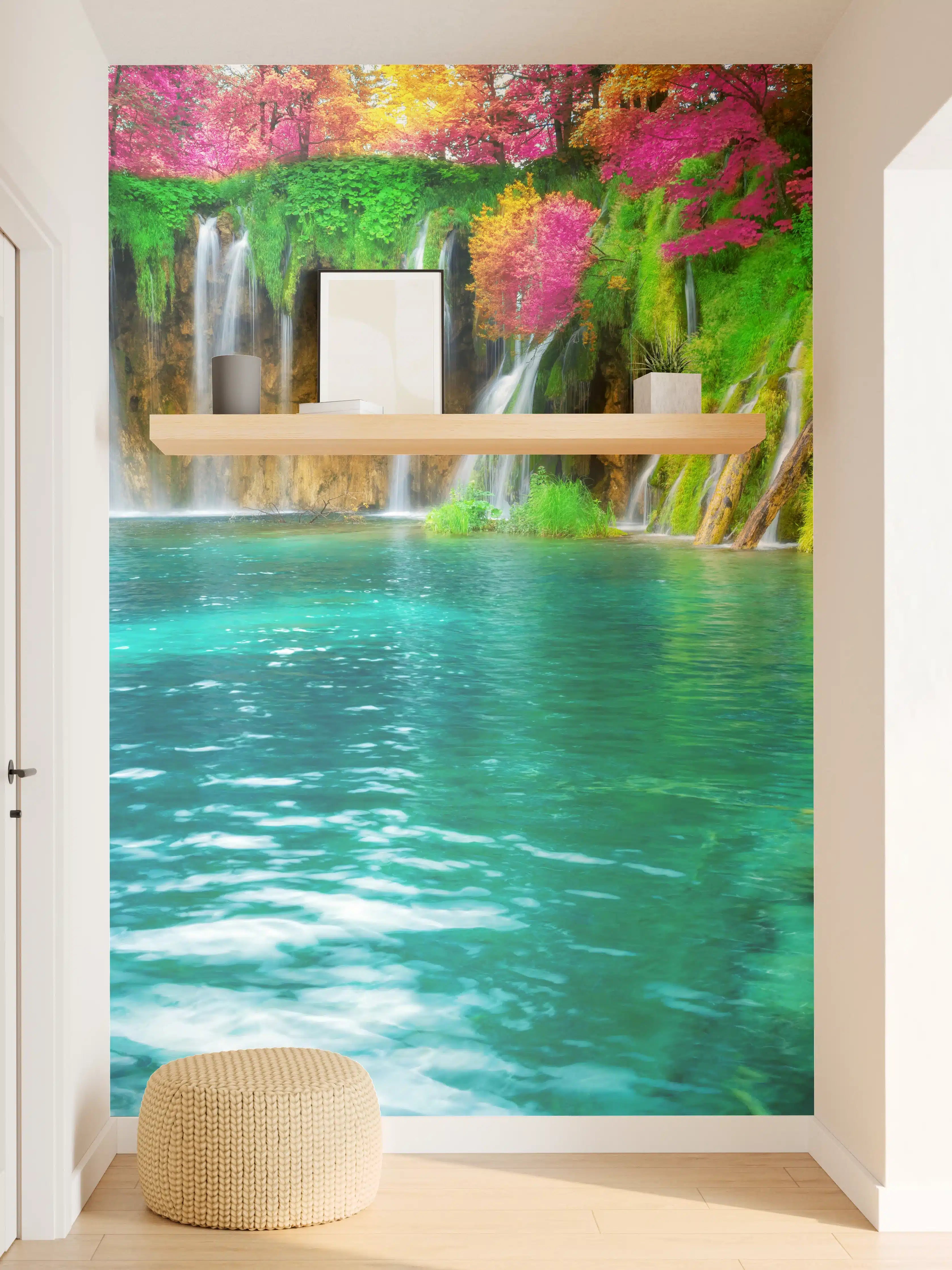 Wandverkleidung Flur - Naturtraum Wasserfall in buntem Blumenparadies