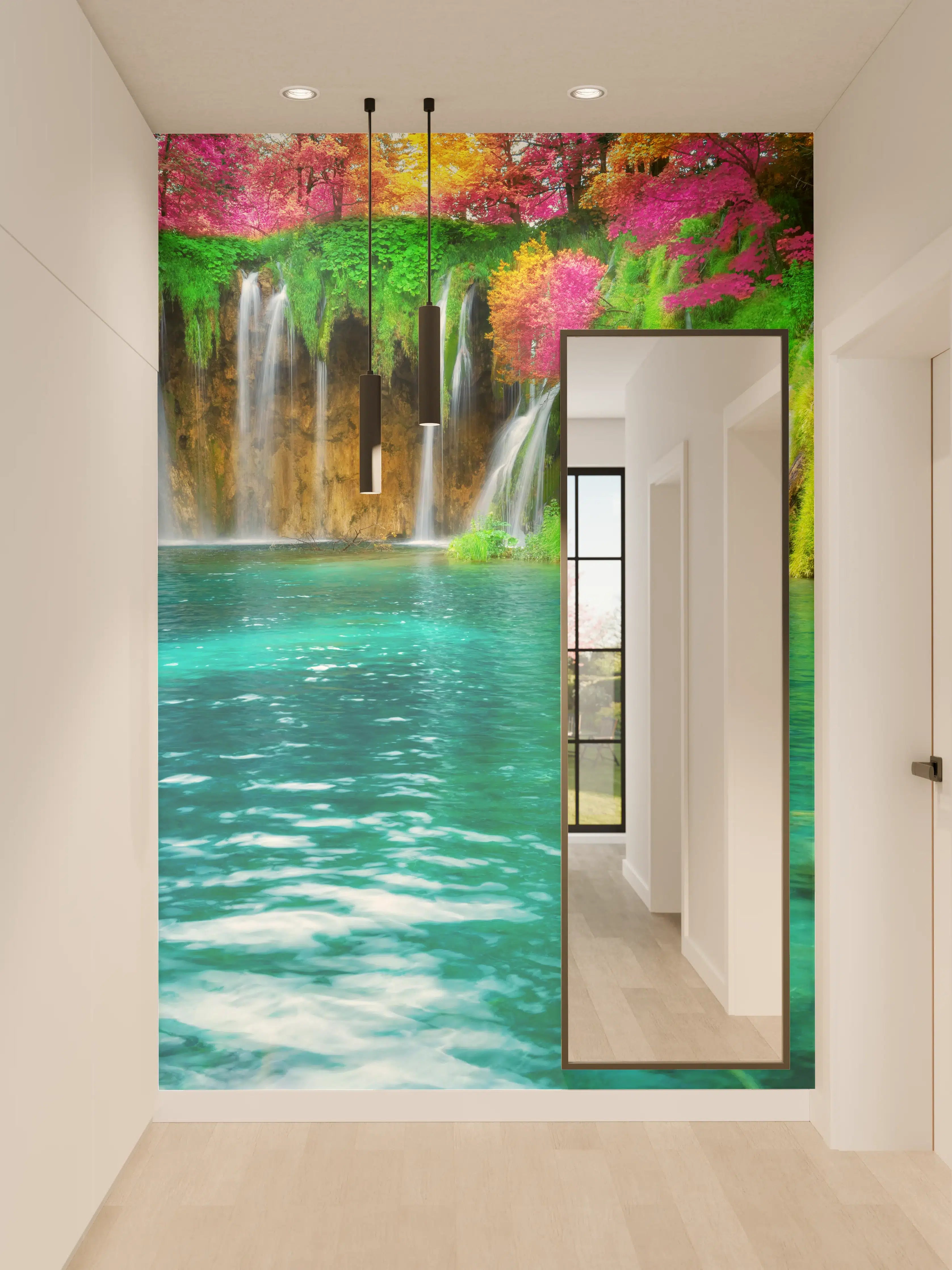 Wandverkleidung Flur - Naturtraum Wasserfall in buntem Blumenparadies