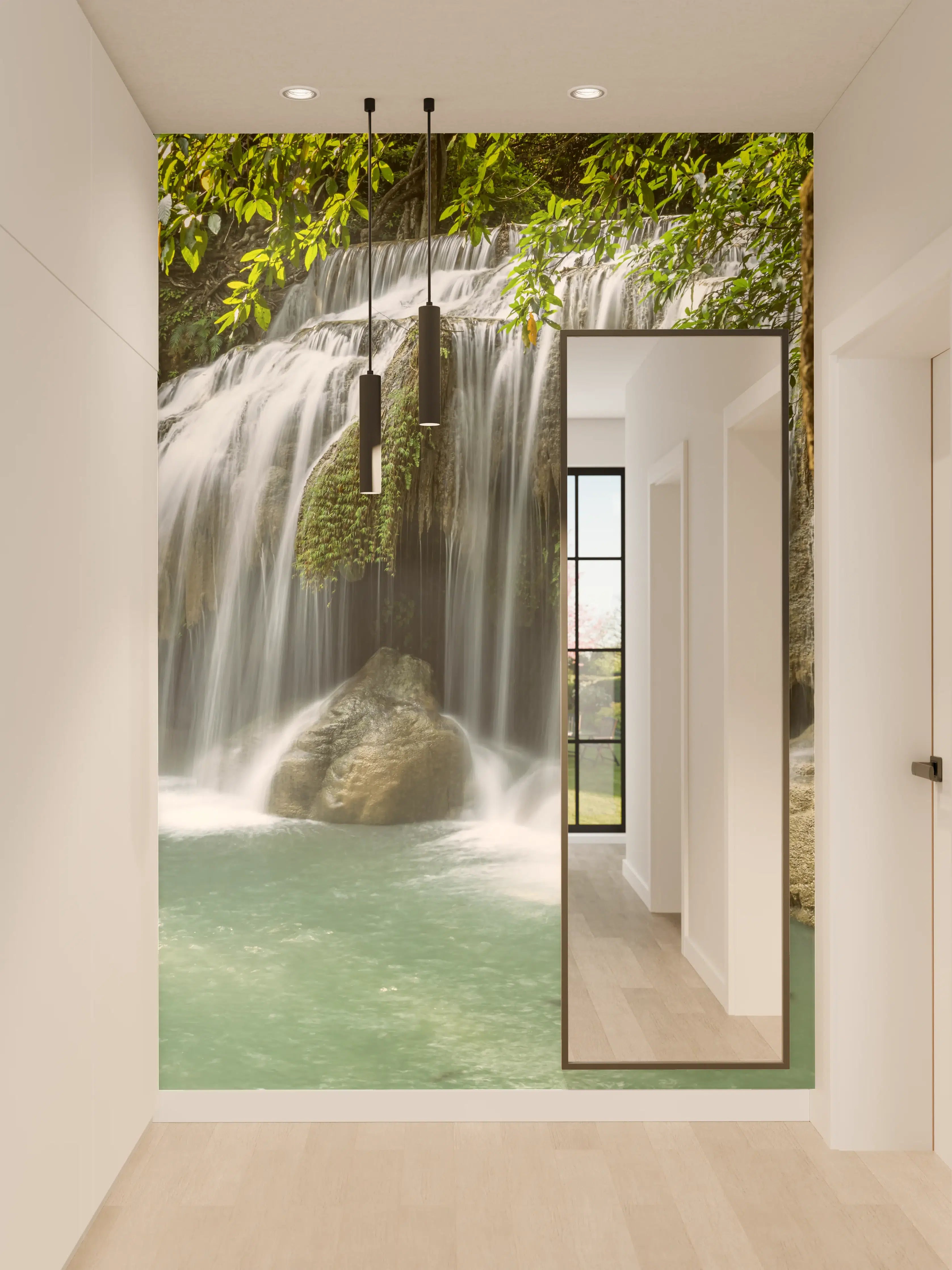 Wandverkleidung Flur - Naturwasserfall inmitten grüner Landschaft