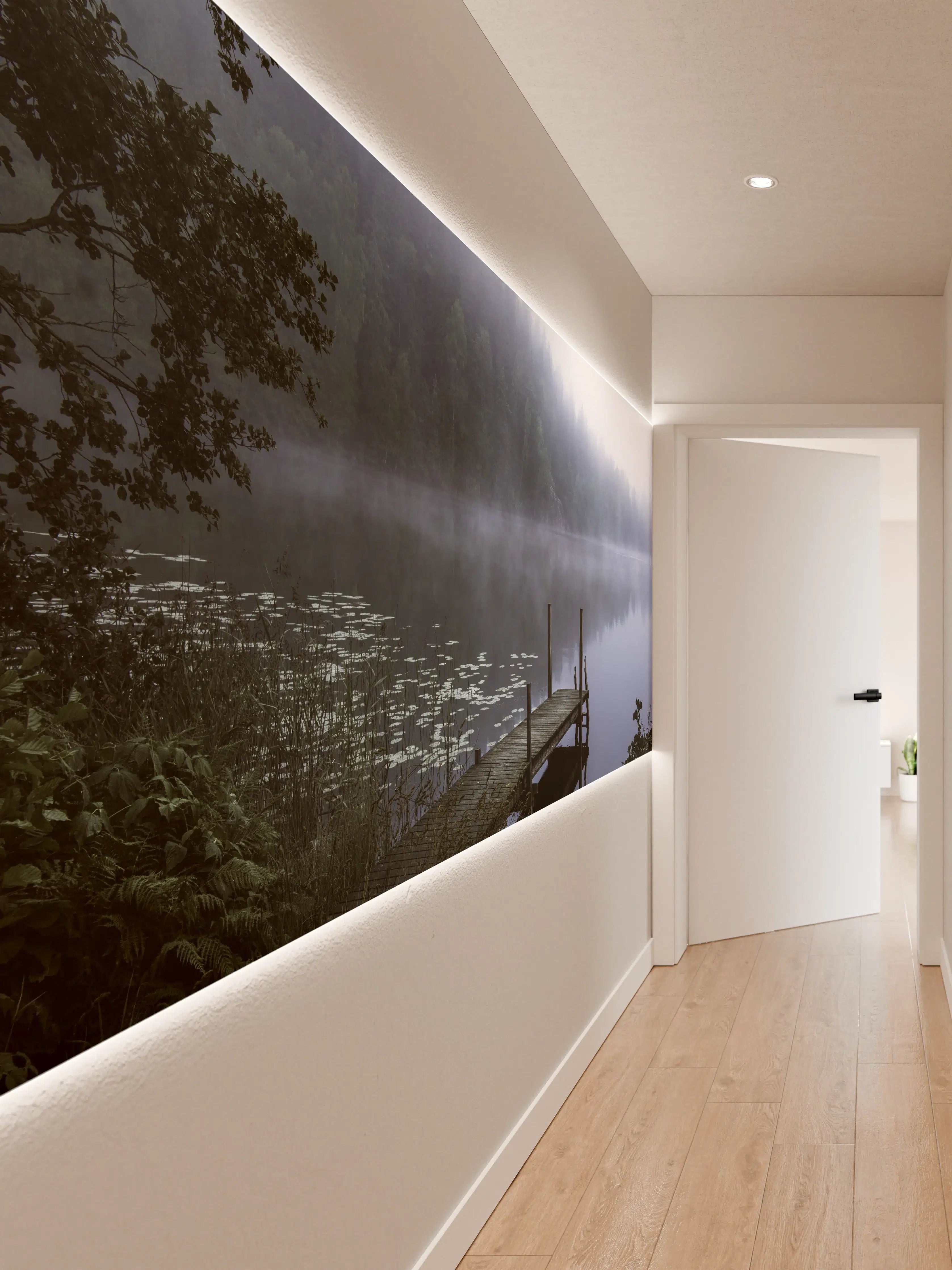 Wandverkleidung Flur - Nebel am ruhigen See mit Dock