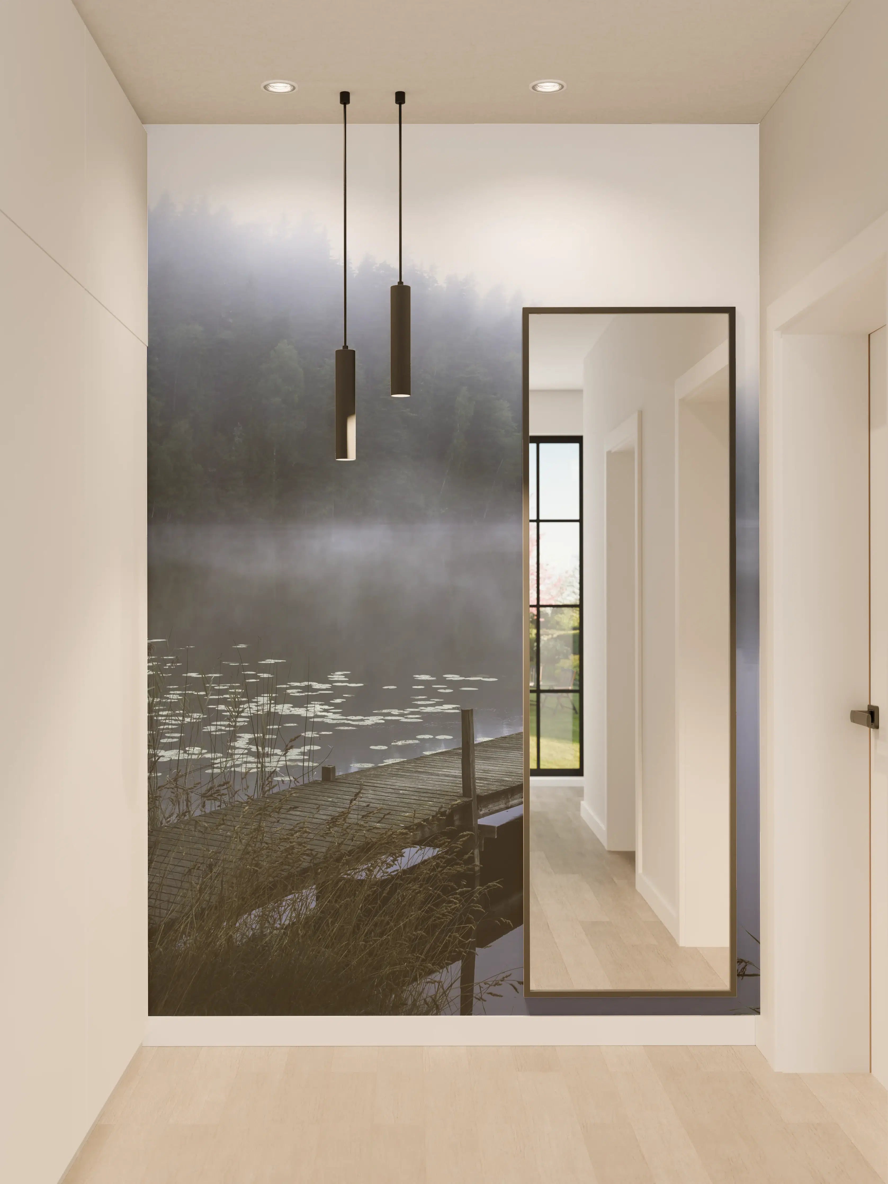Wandverkleidung Flur - Nebel am ruhigen See mit Dock
