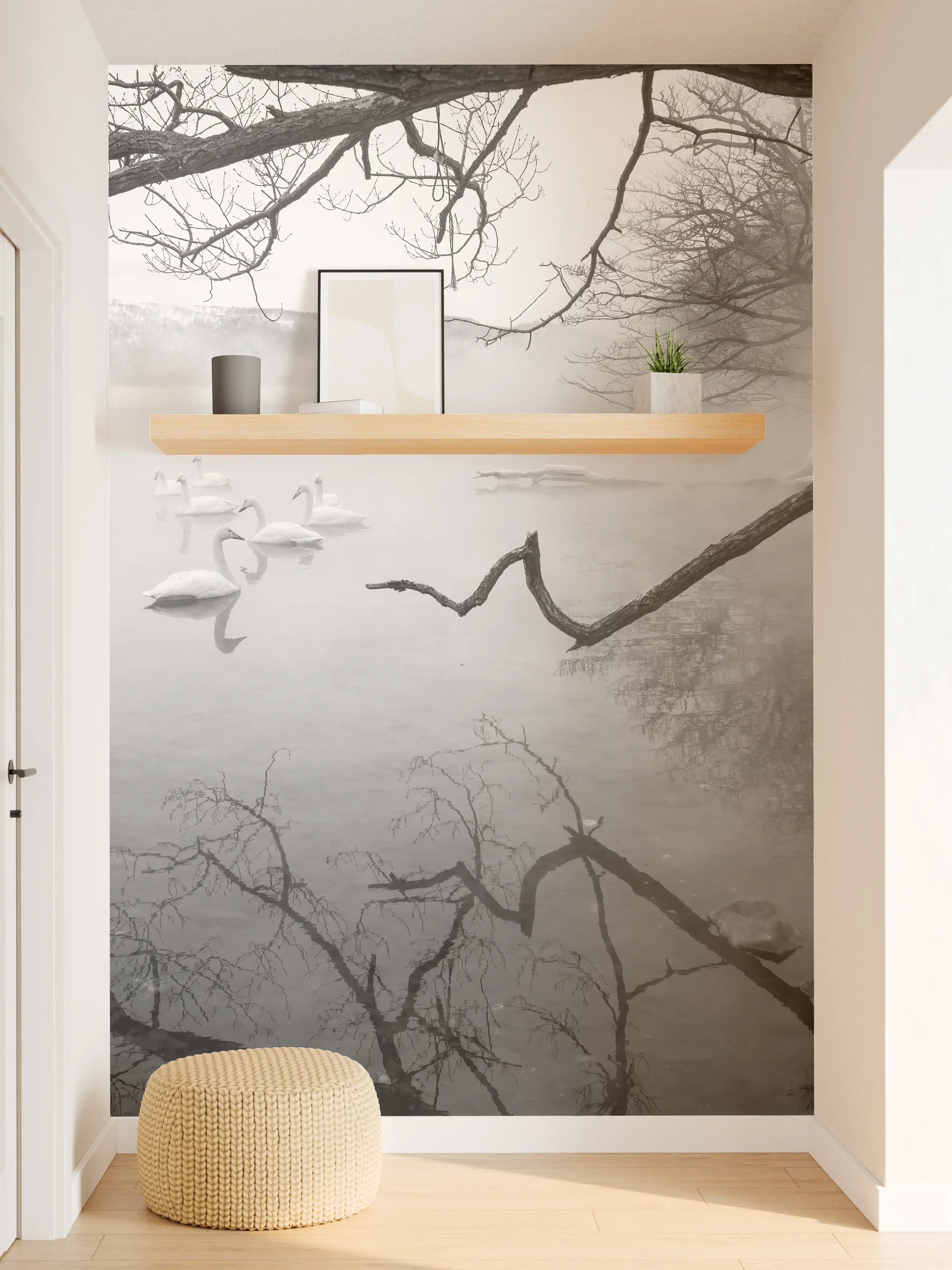 Wandverkleidung Flur - Nebelhafte Flusslandschaft in Schwarz-Weiß