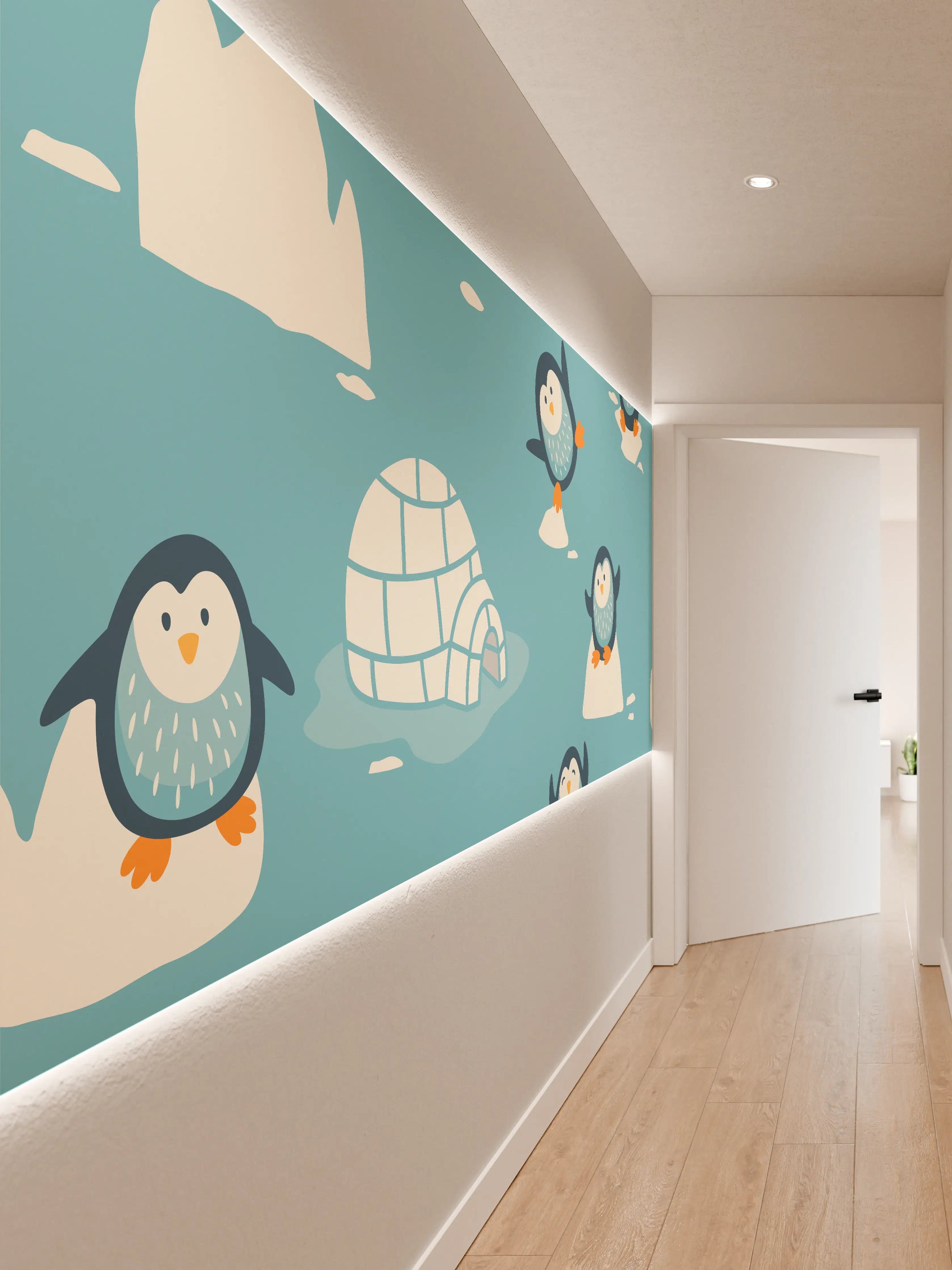 Wandverkleidung Flur - Niedliche Pinguine auf Eis im arktischen Winter