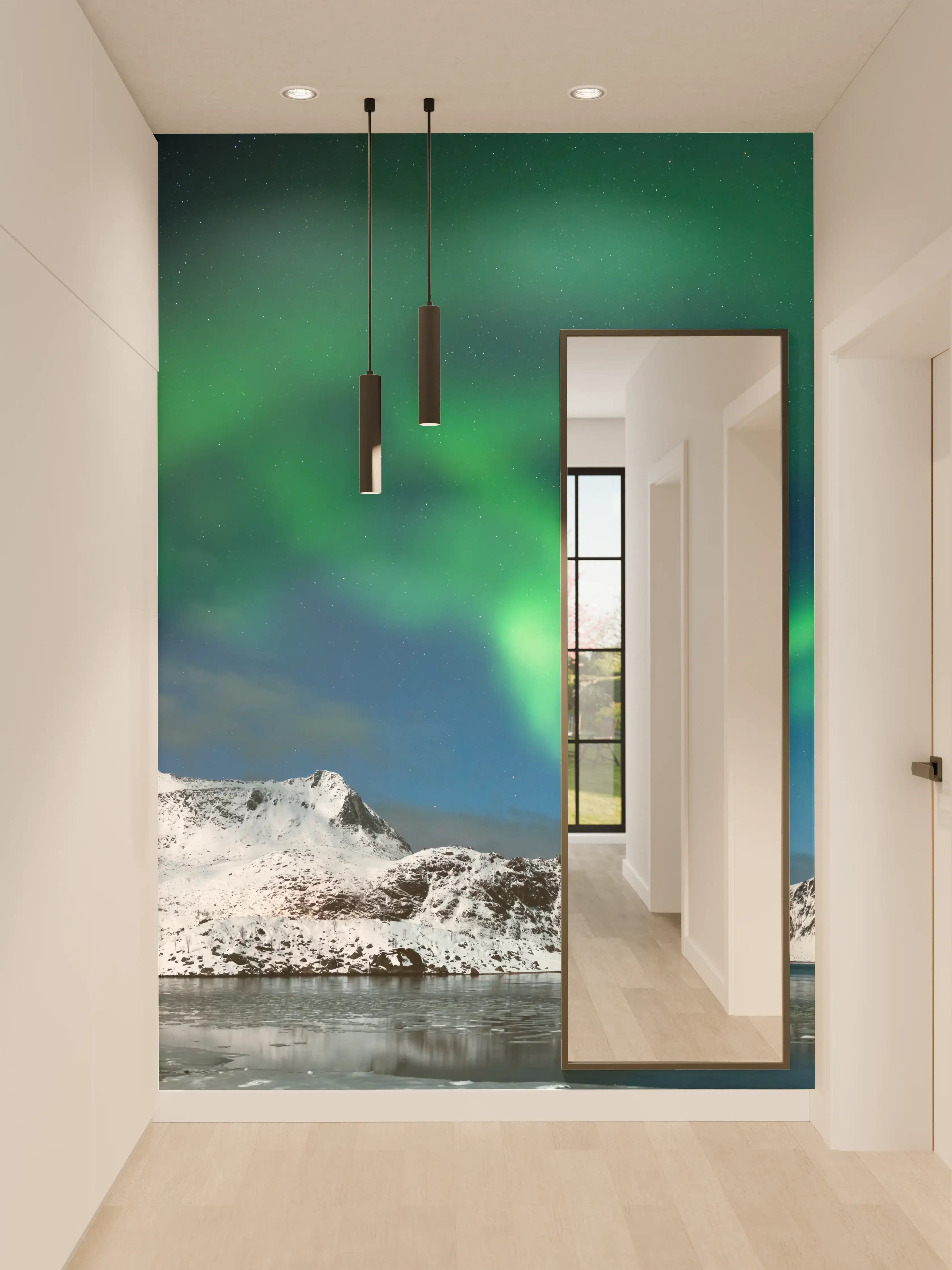 Wandverkleidung Flur - Nordlicht über verschneitem Fjord