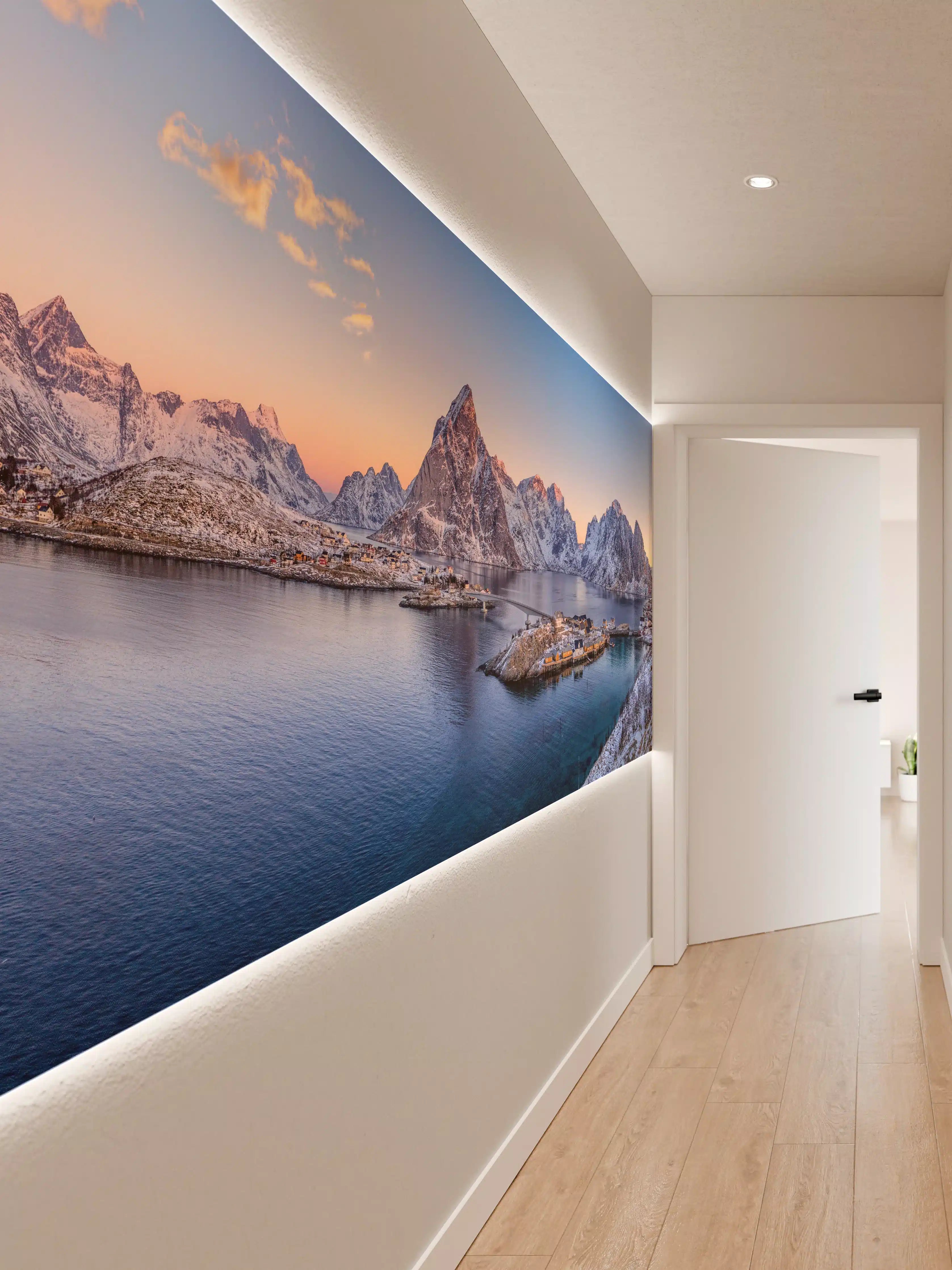 Wandverkleidung Flur - Norwegen Fjord Panorama Blau-Weiß