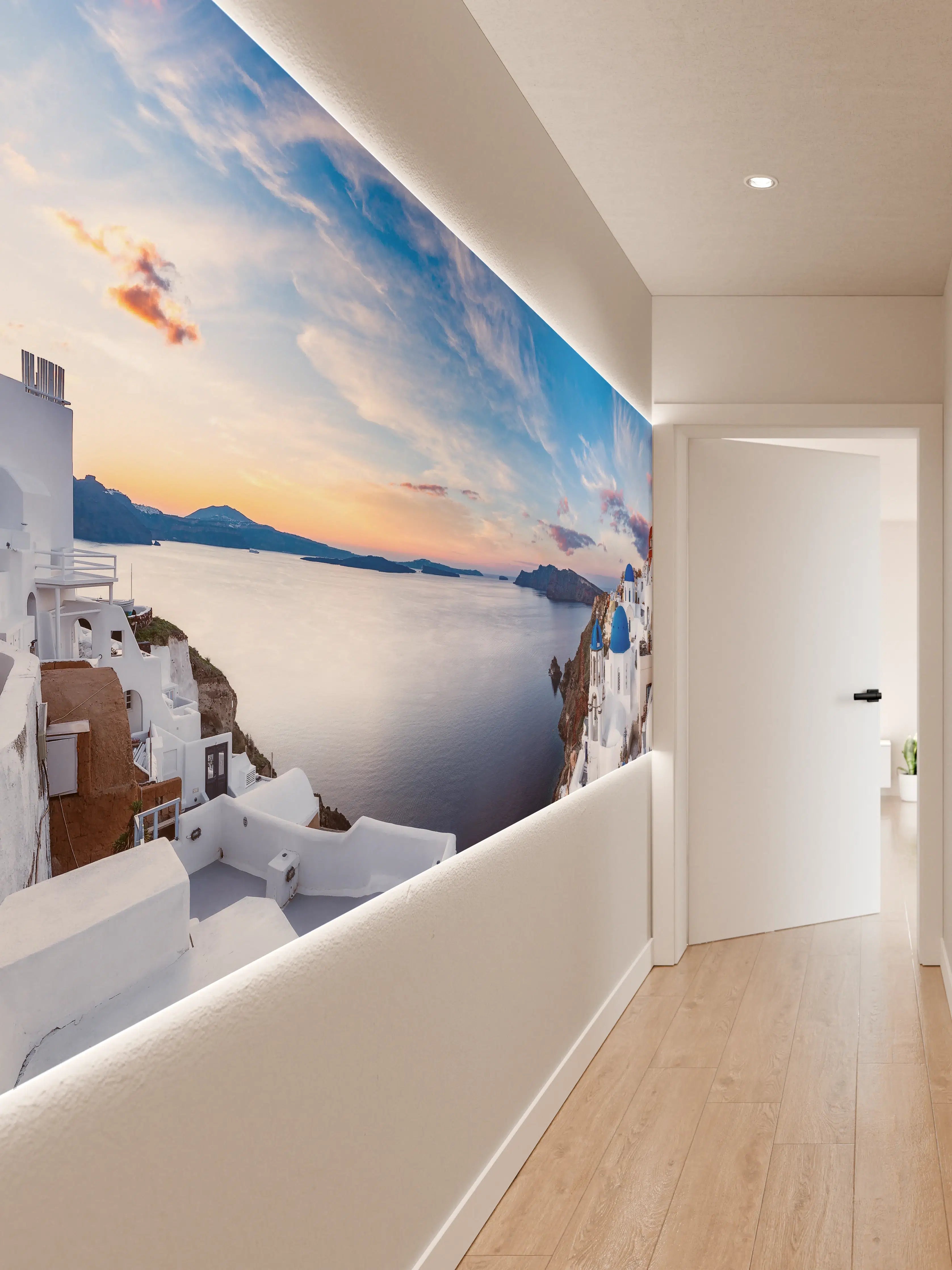Wandverkleidung Flur - Panoramablick der Insel Santorin - Griechenland