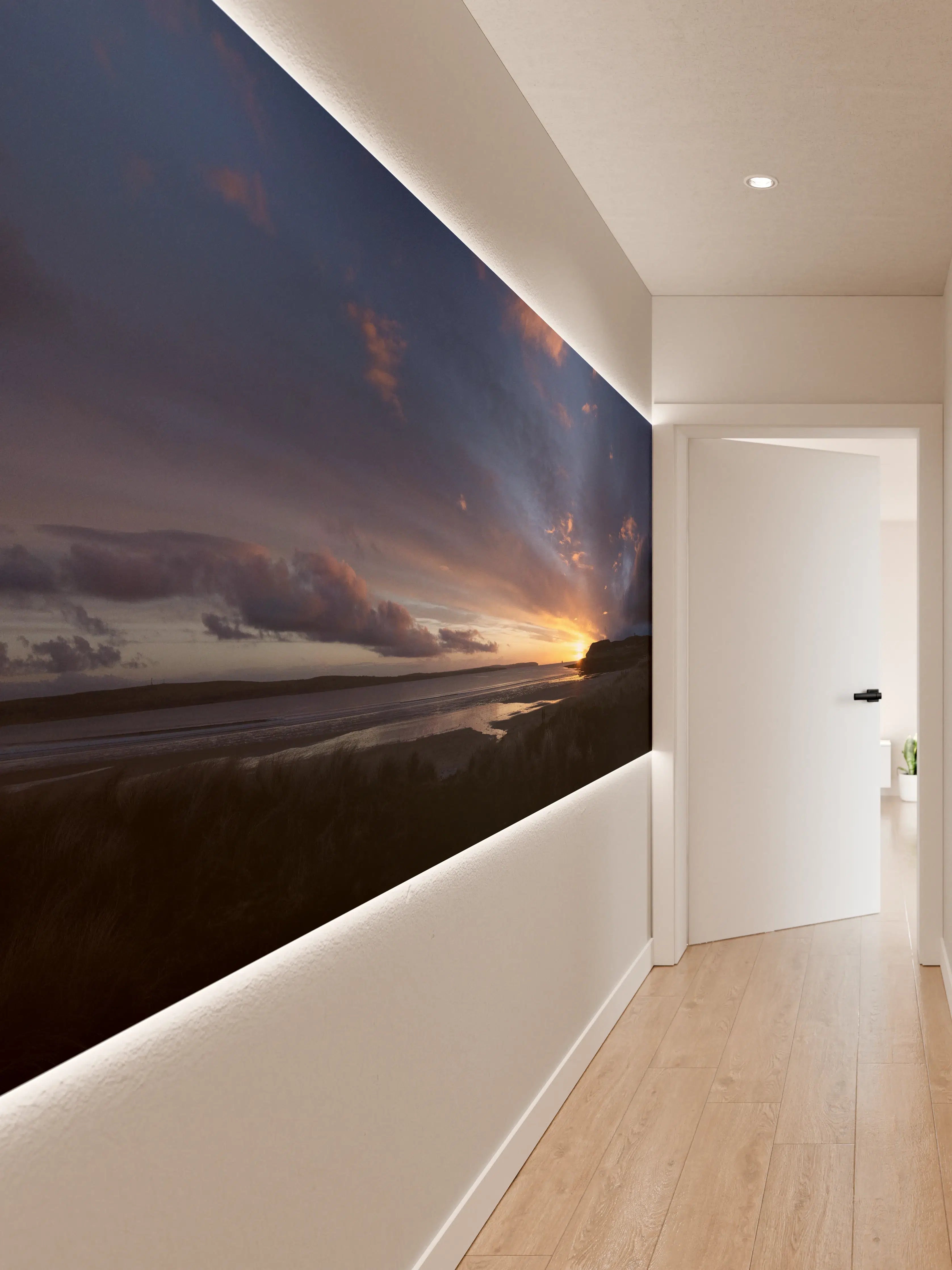 Wandverkleidung Flur - Panoramischer Sonnenuntergang über ruhigem Wasser