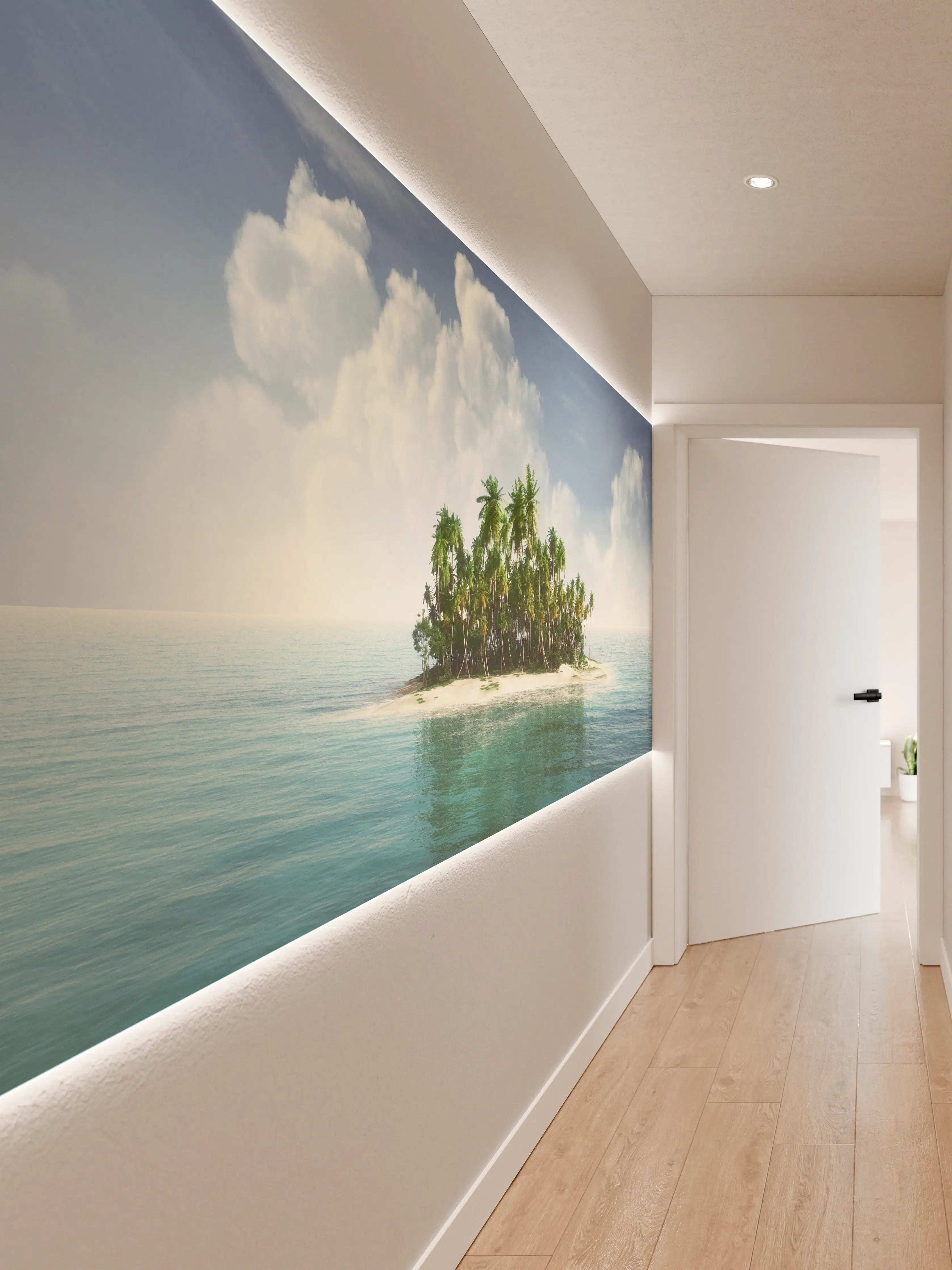 Wandverkleidung Flur - Paradiesische Insel mit Palmen im türkisfarbenen Wasser