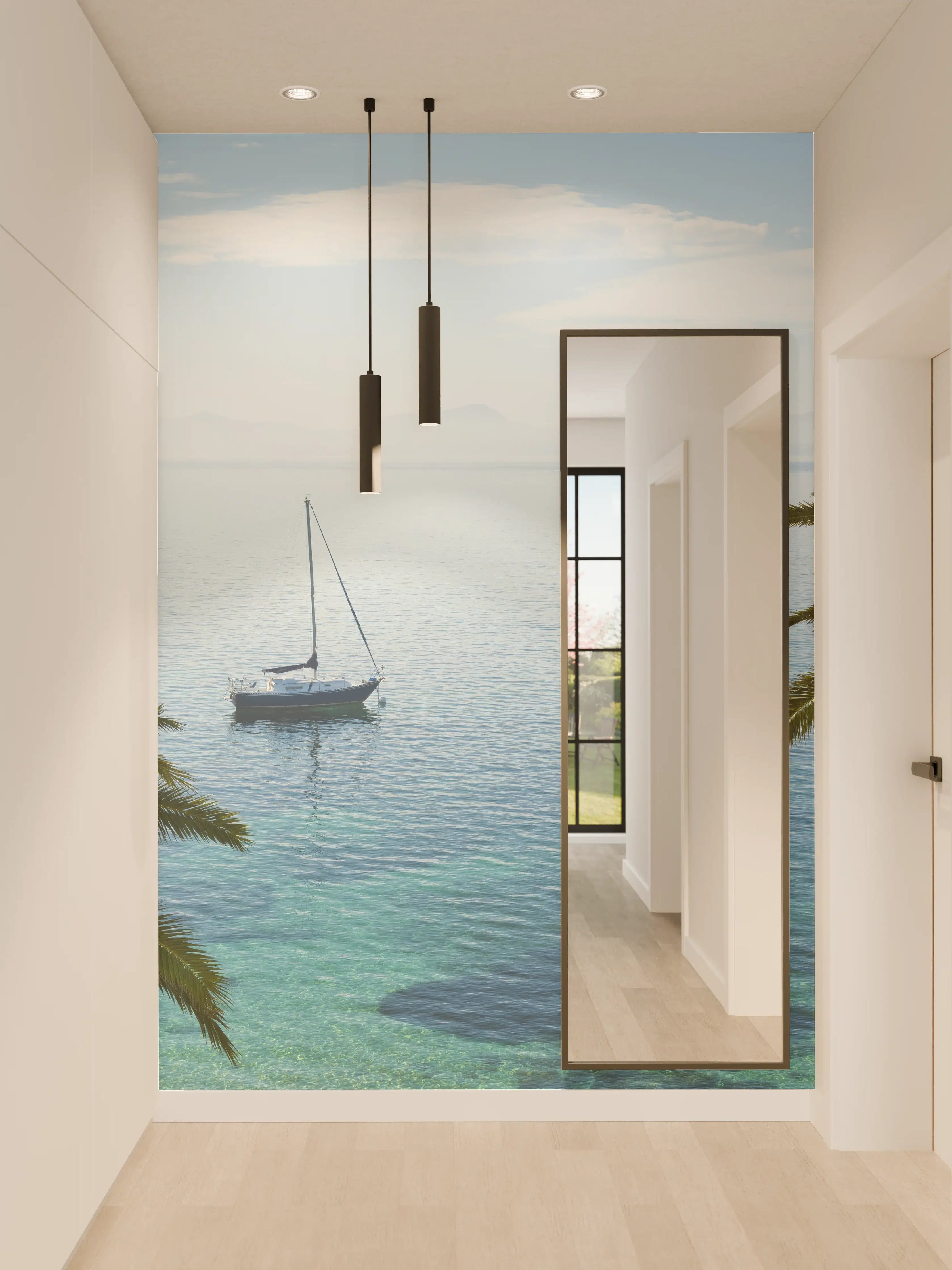 Wandverkleidung Flur - Paradiesische Yacht vor Palmen