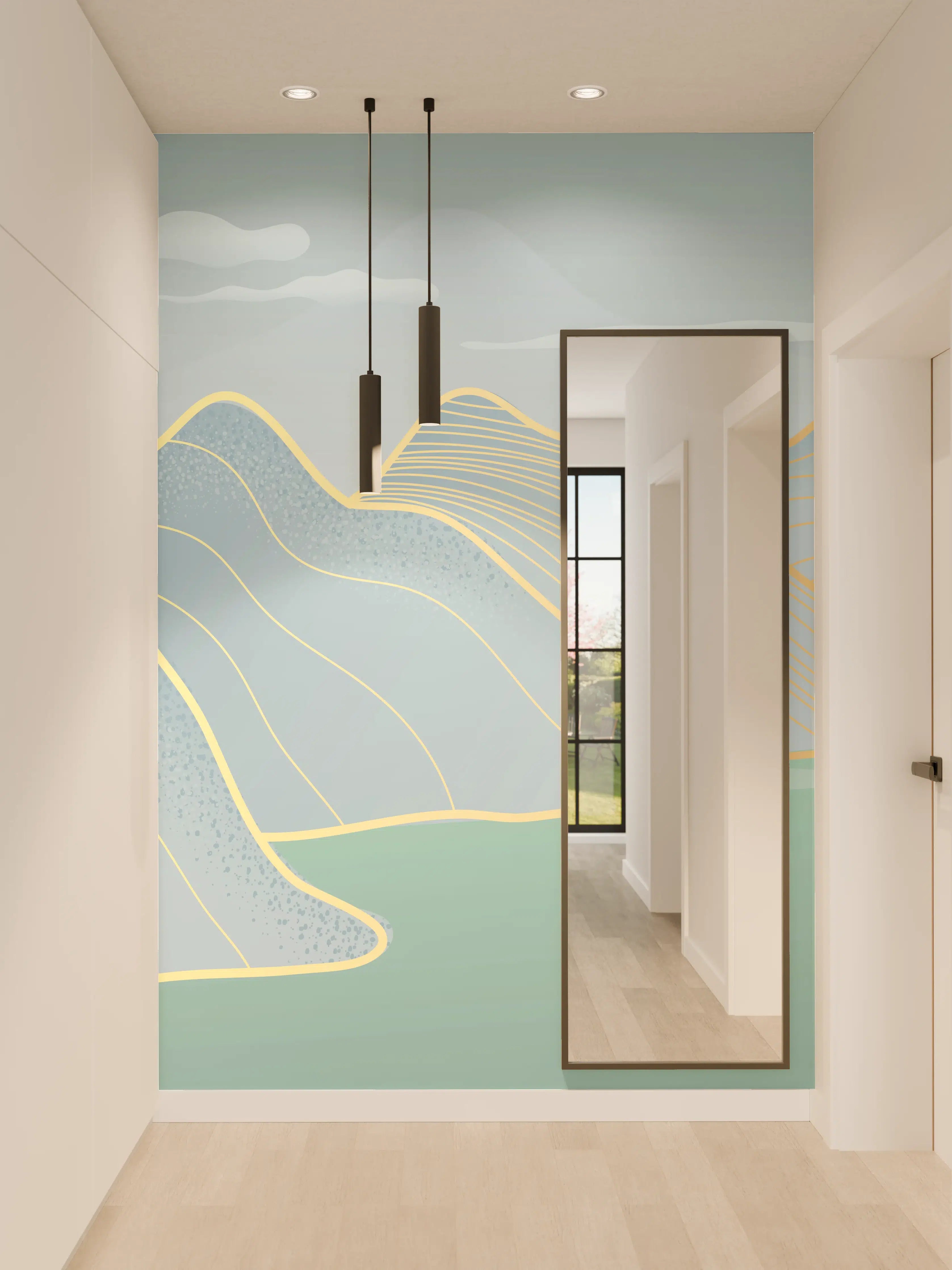 Wandverkleidung Flur - Pastell Berge und See Panorama