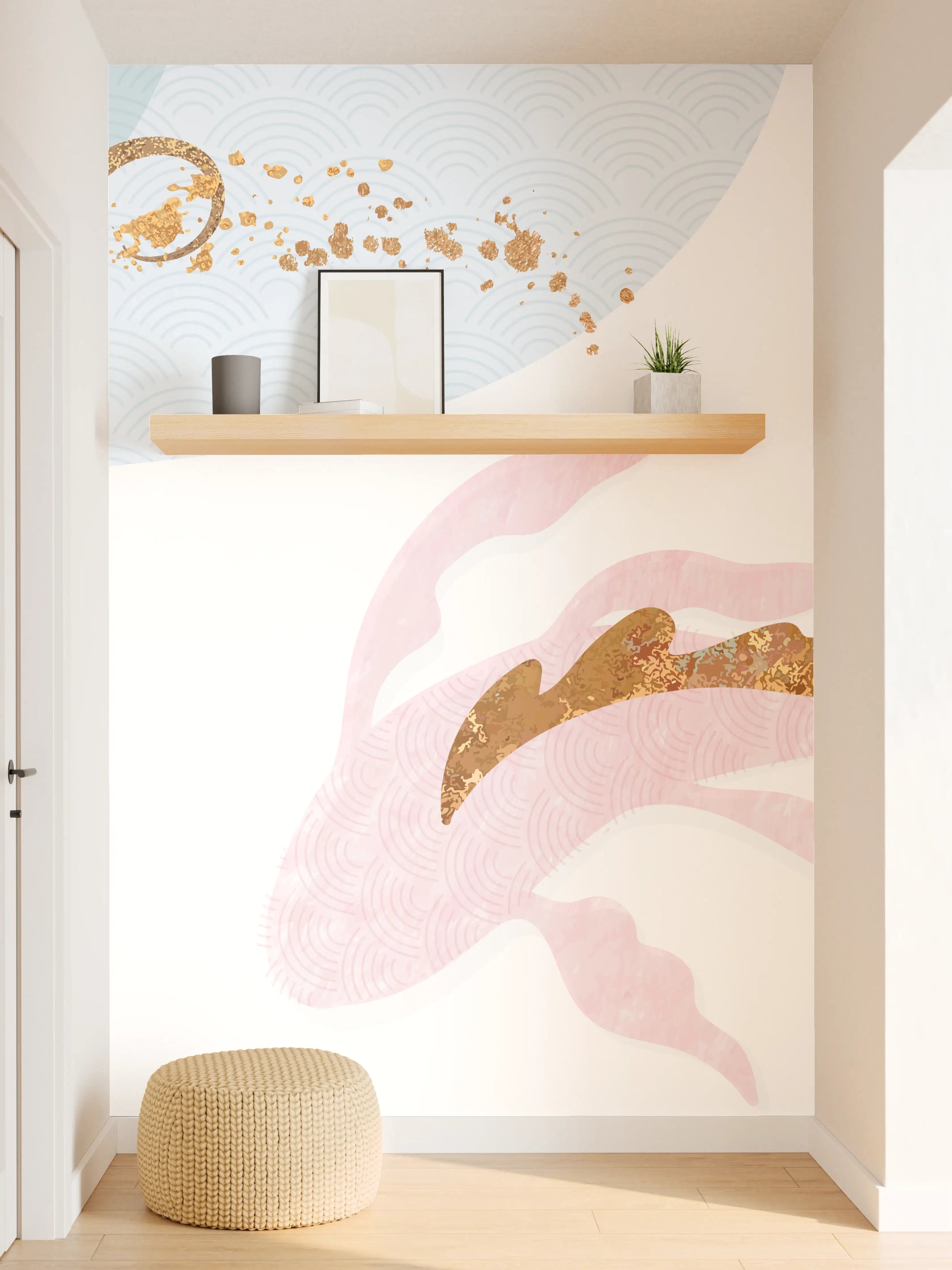 Wandverkleidung Flur - Pastell-Blumenmuster Goldakzente