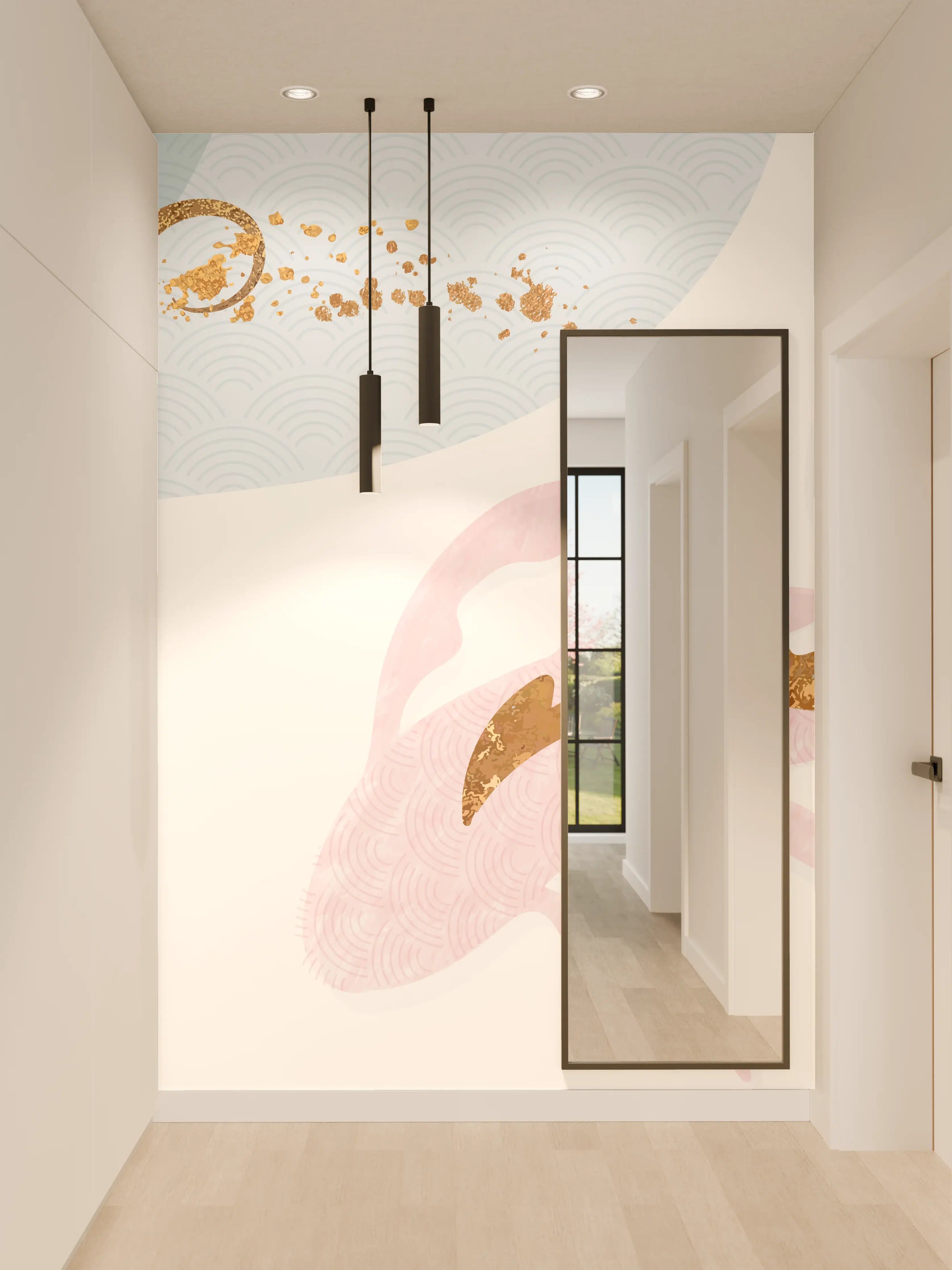 Wandverkleidung Flur - Pastell-Blumenmuster Goldakzente