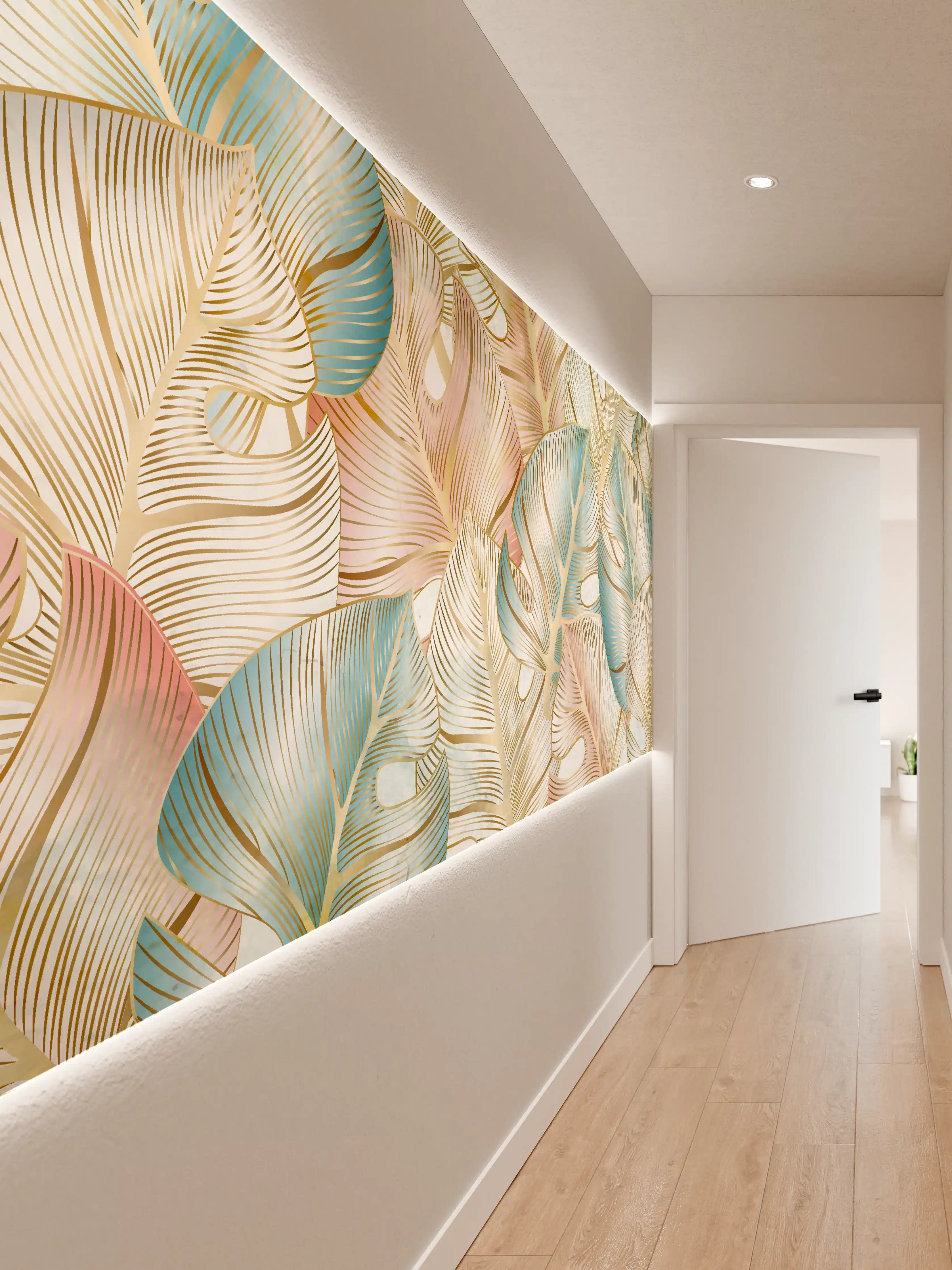 Wandverkleidung Flur - Pastellfarbenes Blattmuster Design