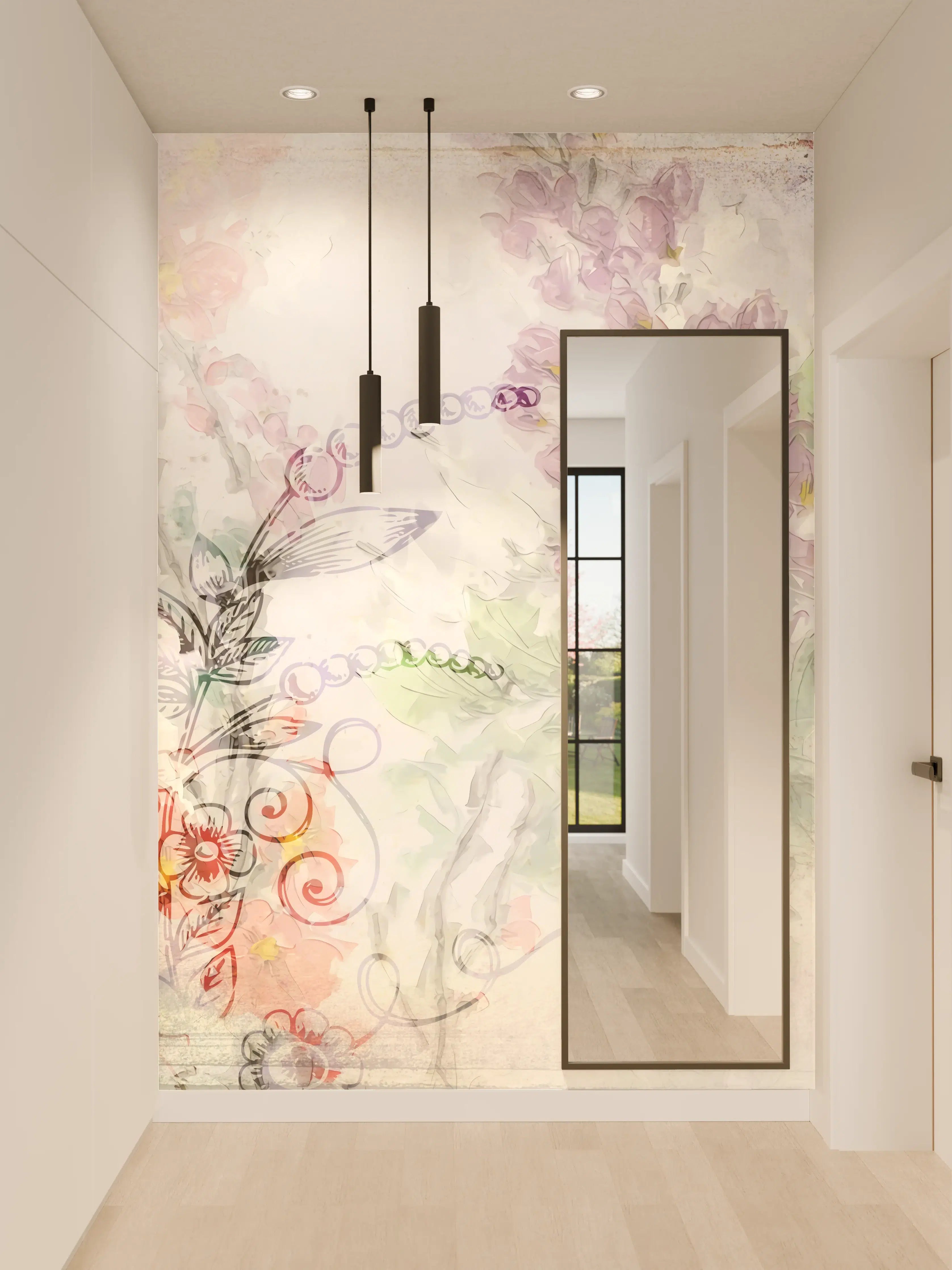 Wandverkleidung Flur - Pastellfarbenes Blumen- und Natur-Motiv