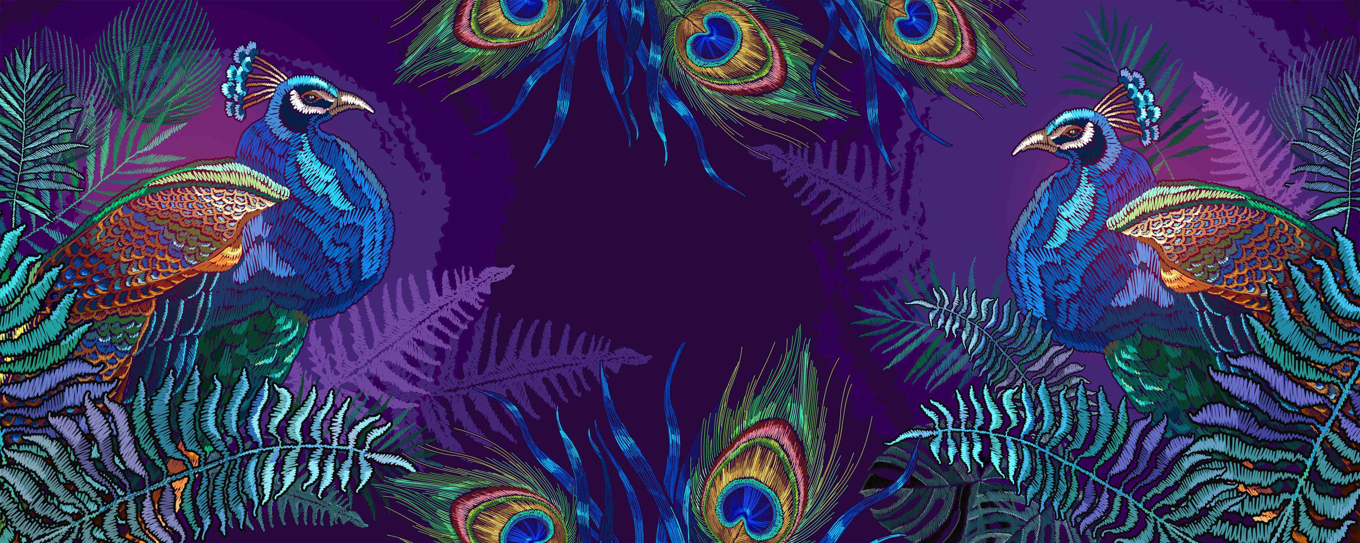 Wandverkleidung Flur-Pfauen Stickkunst Palmenblätter