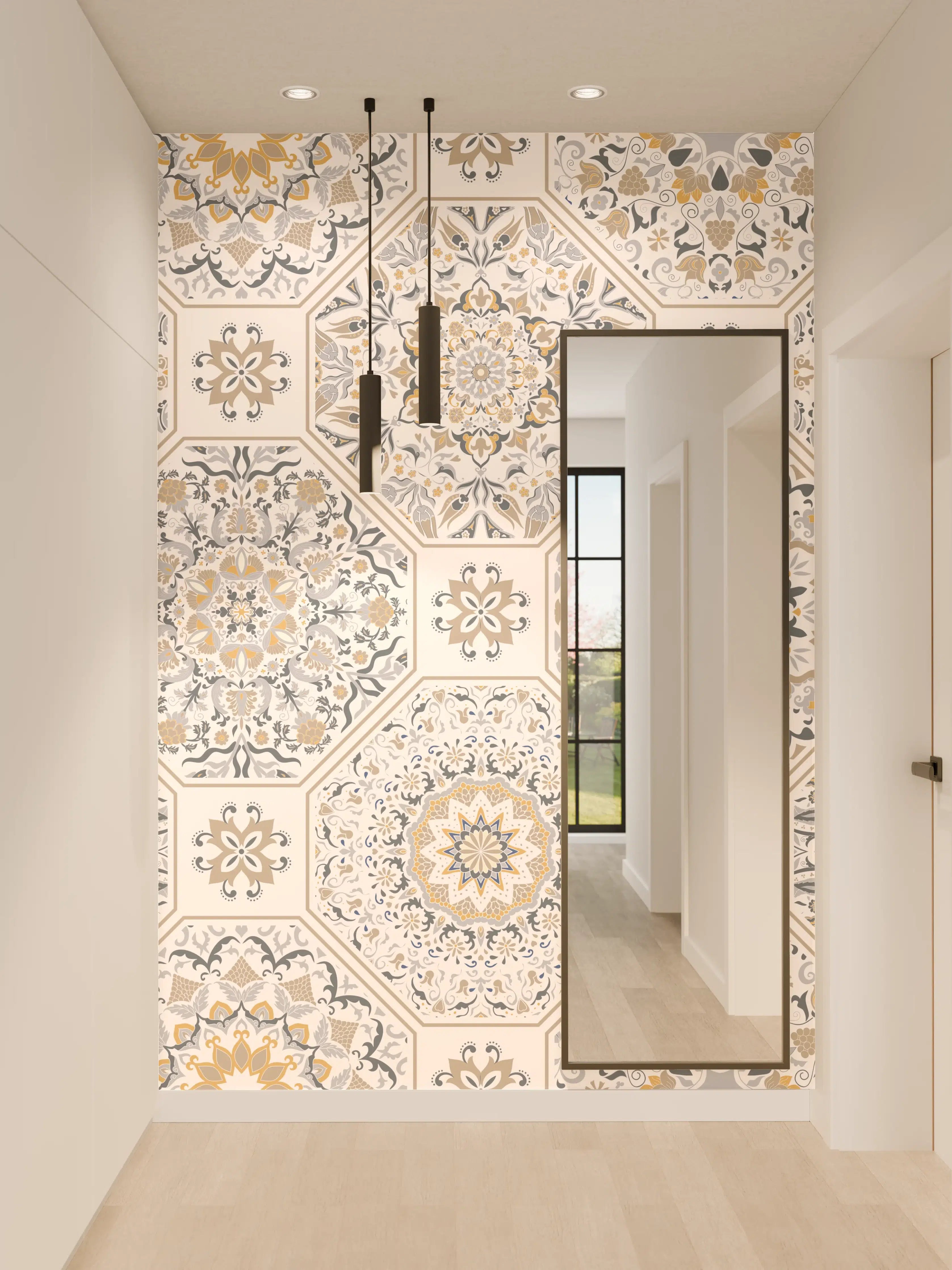 Wandverkleidung Flur - Premium Weiß-Grau Ornament-Muster