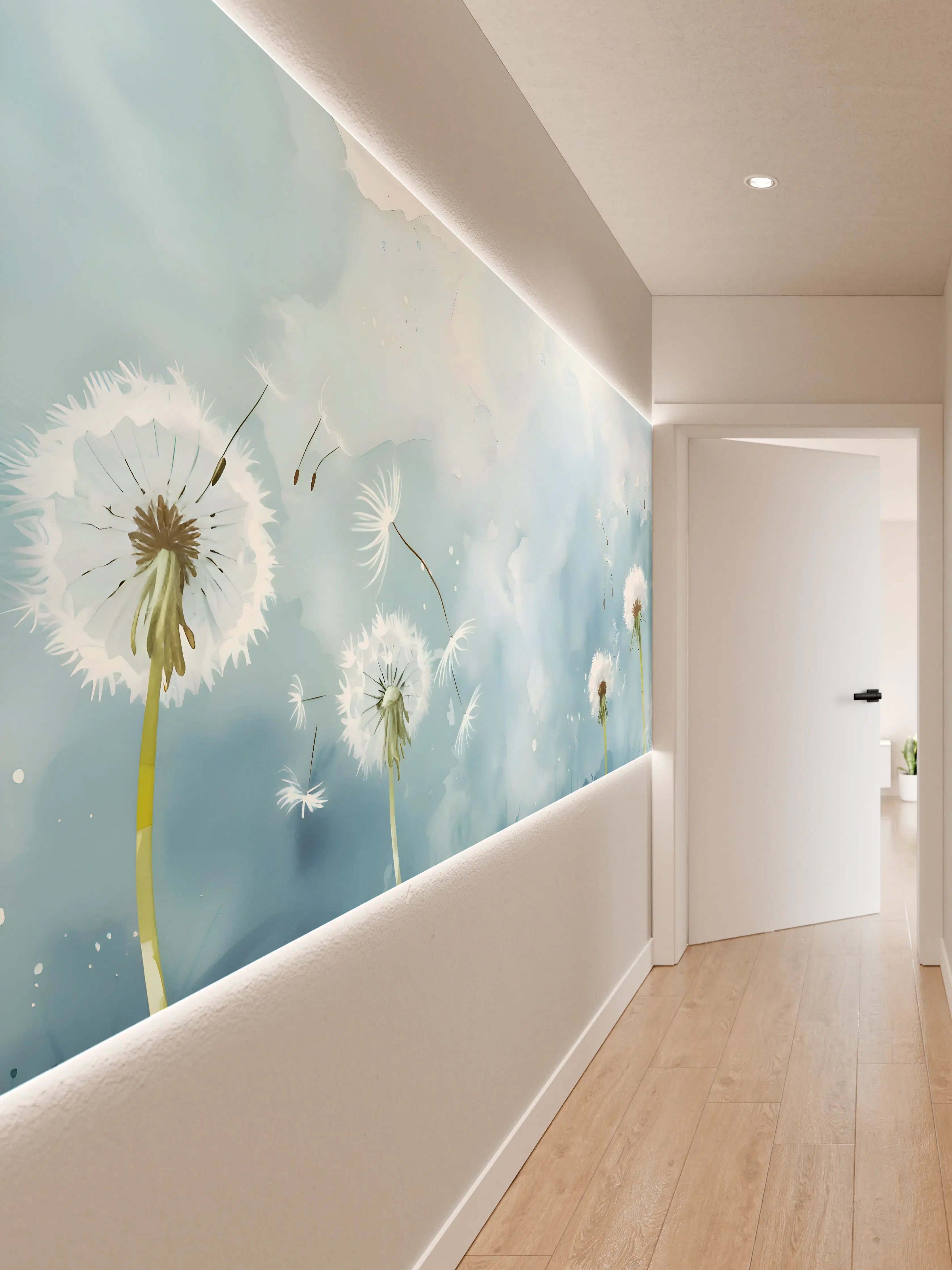 Wandverkleidung Flur - Pusteblumen Aquarell Blau-Weiß