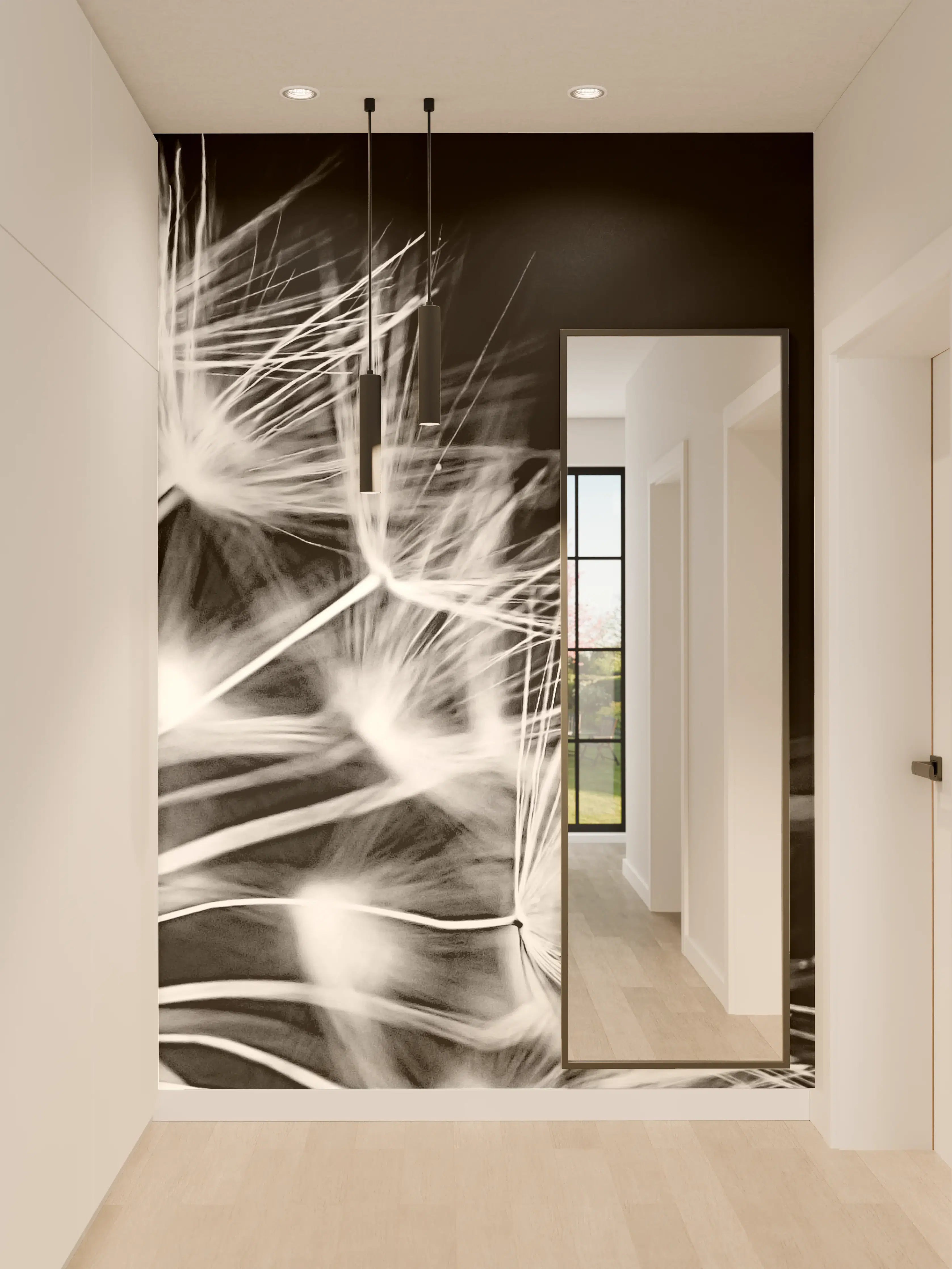 Wandverkleidung Flur - Pusteblumen schwarz-weiß Hintergrund