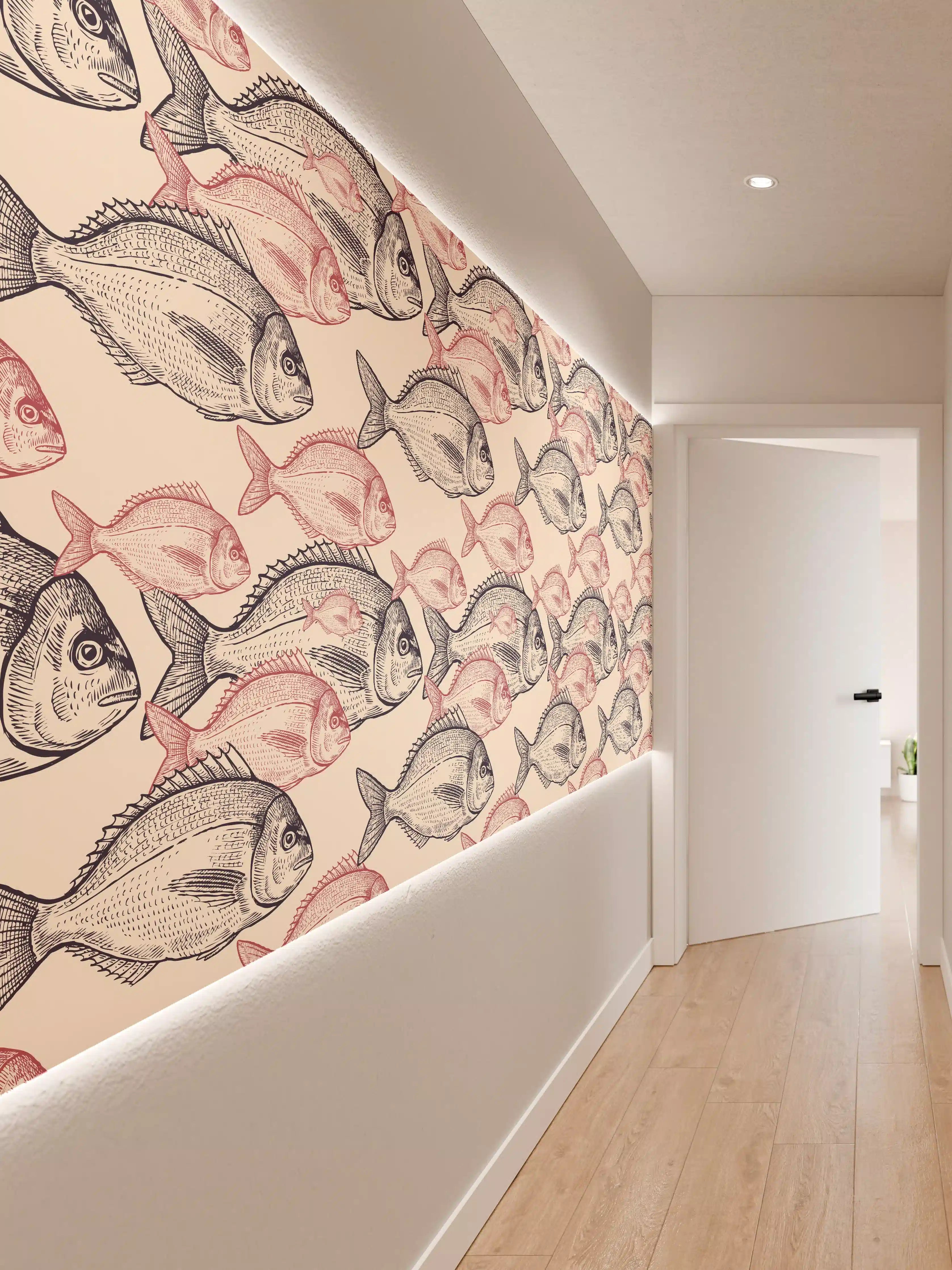 Wandverkleidung Flur - Realistisches Fischmuster Rosa-Grau