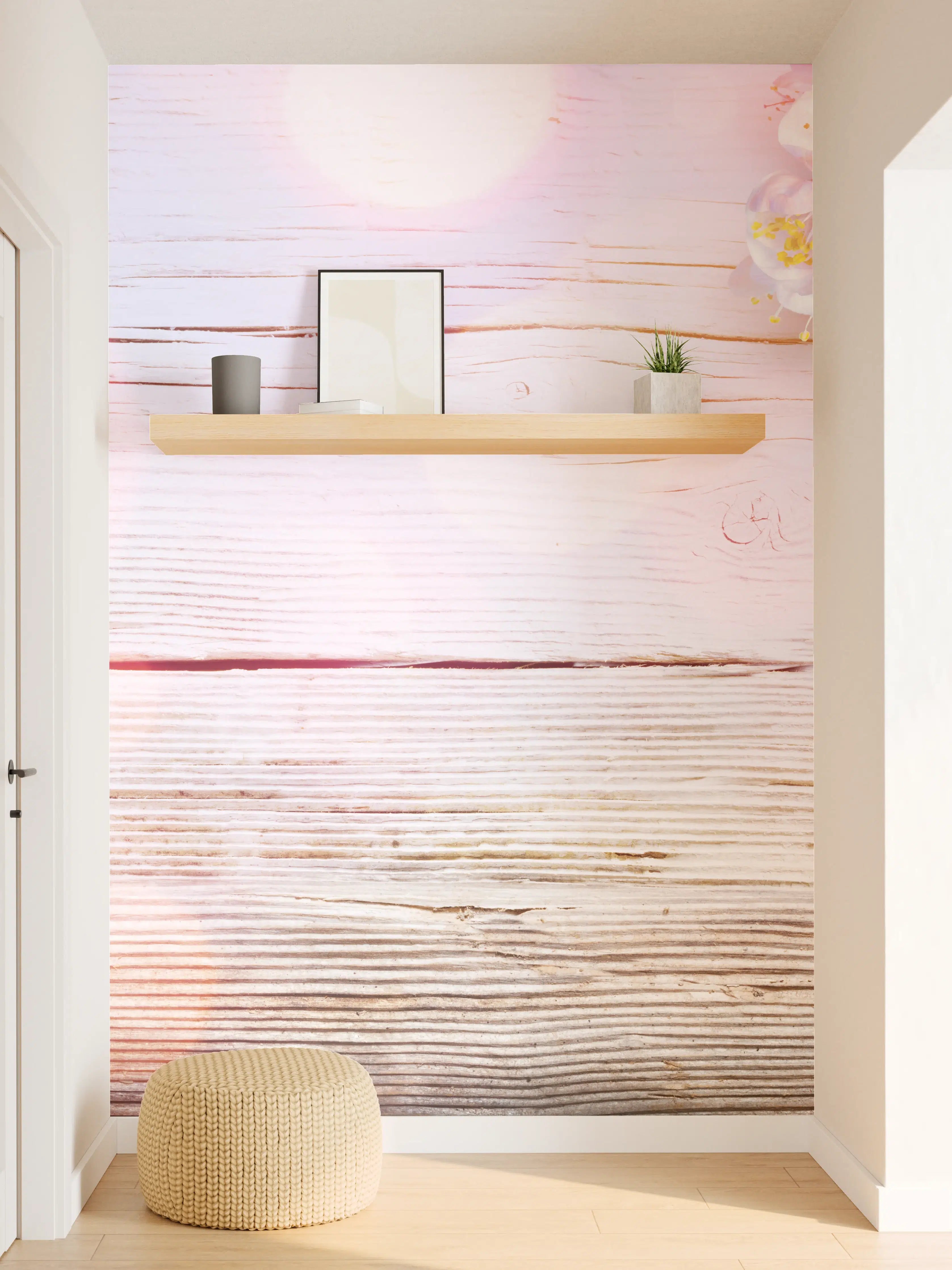 Wandverkleidung Flur - Rosa Blüten auf Holzplatte