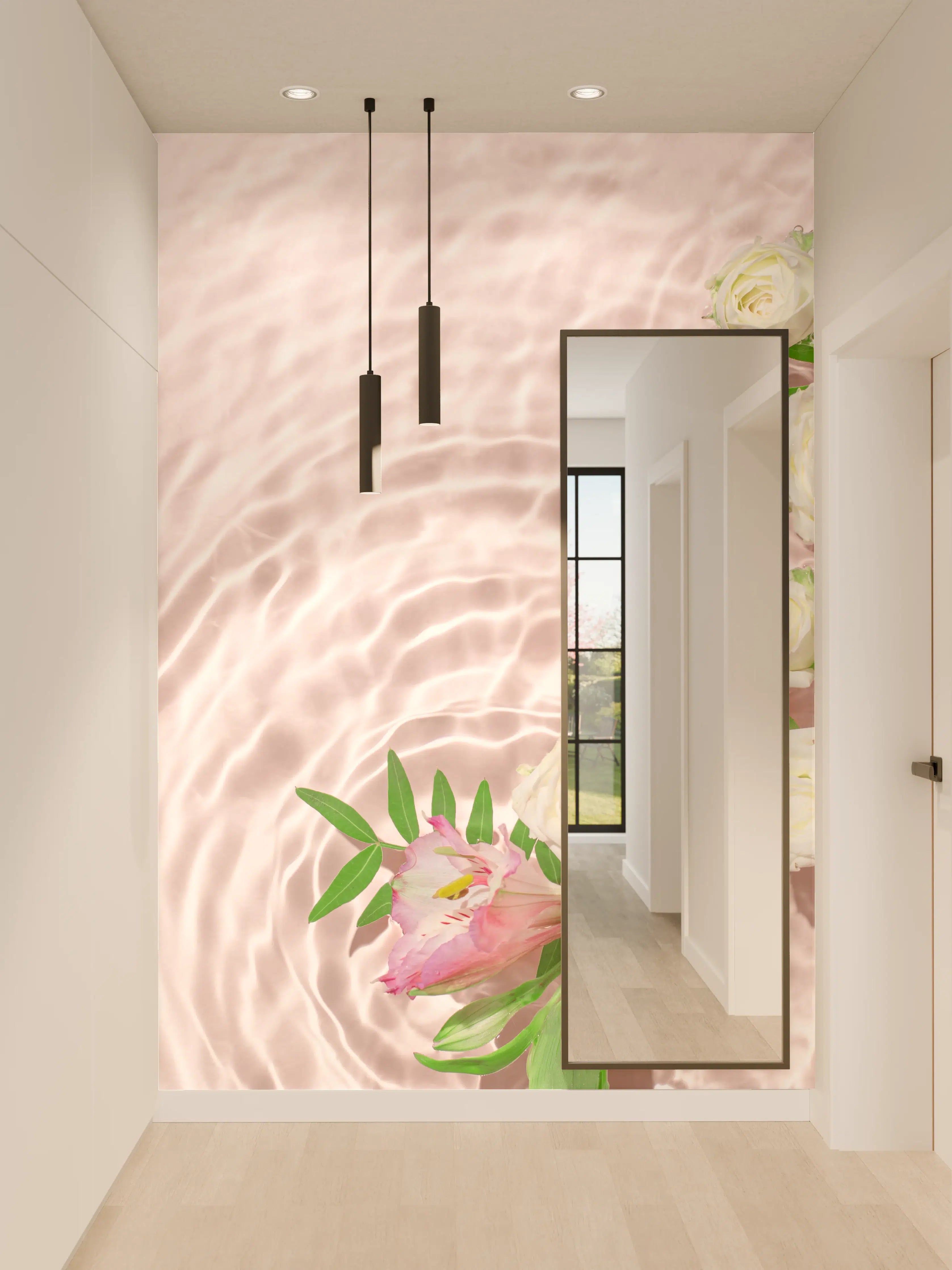 Wandverkleidung Flur - Rosa Blumen auf Wasser