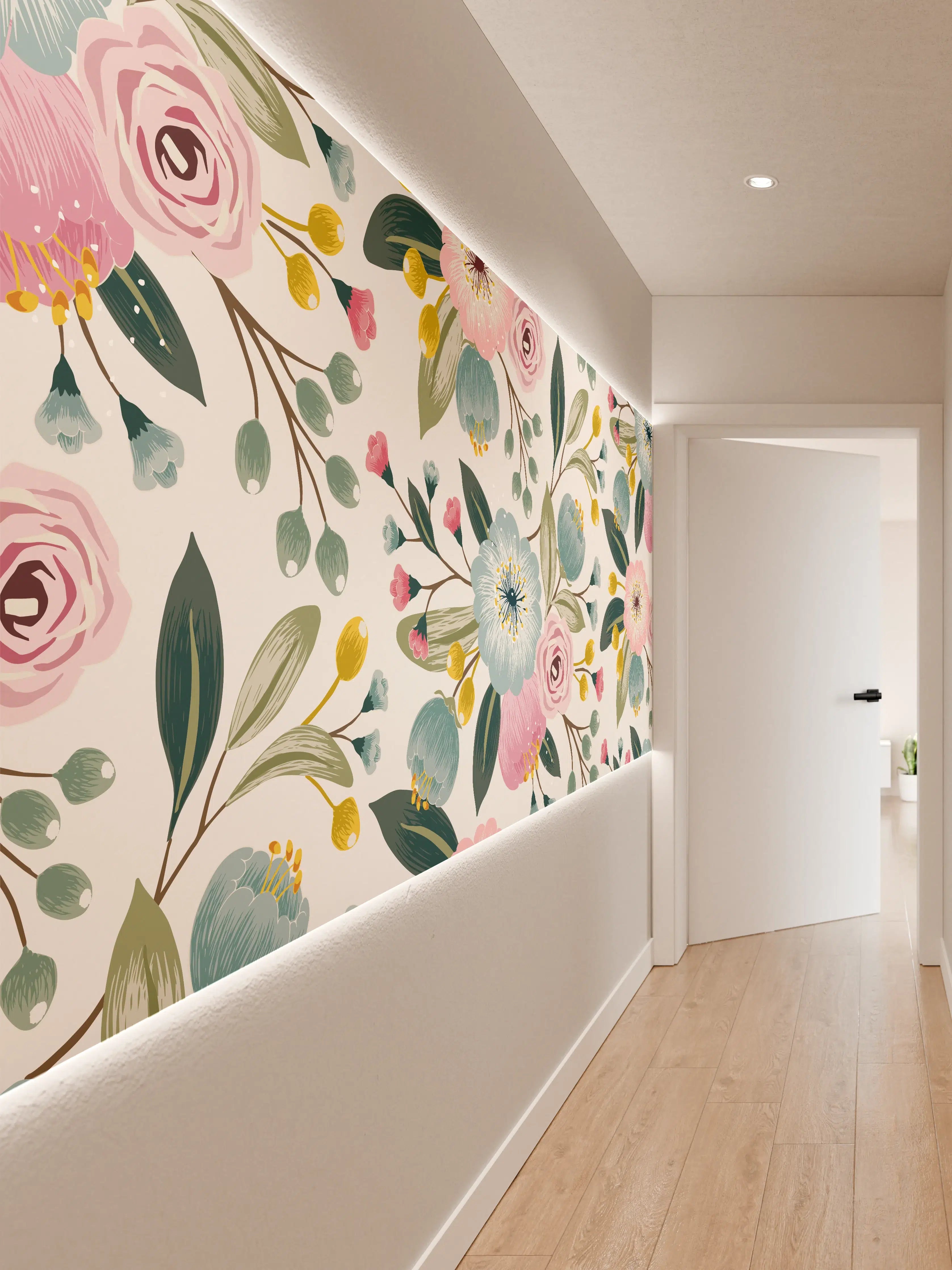 Wandverkleidung Flur - Rosa Blumenmuster Tapete