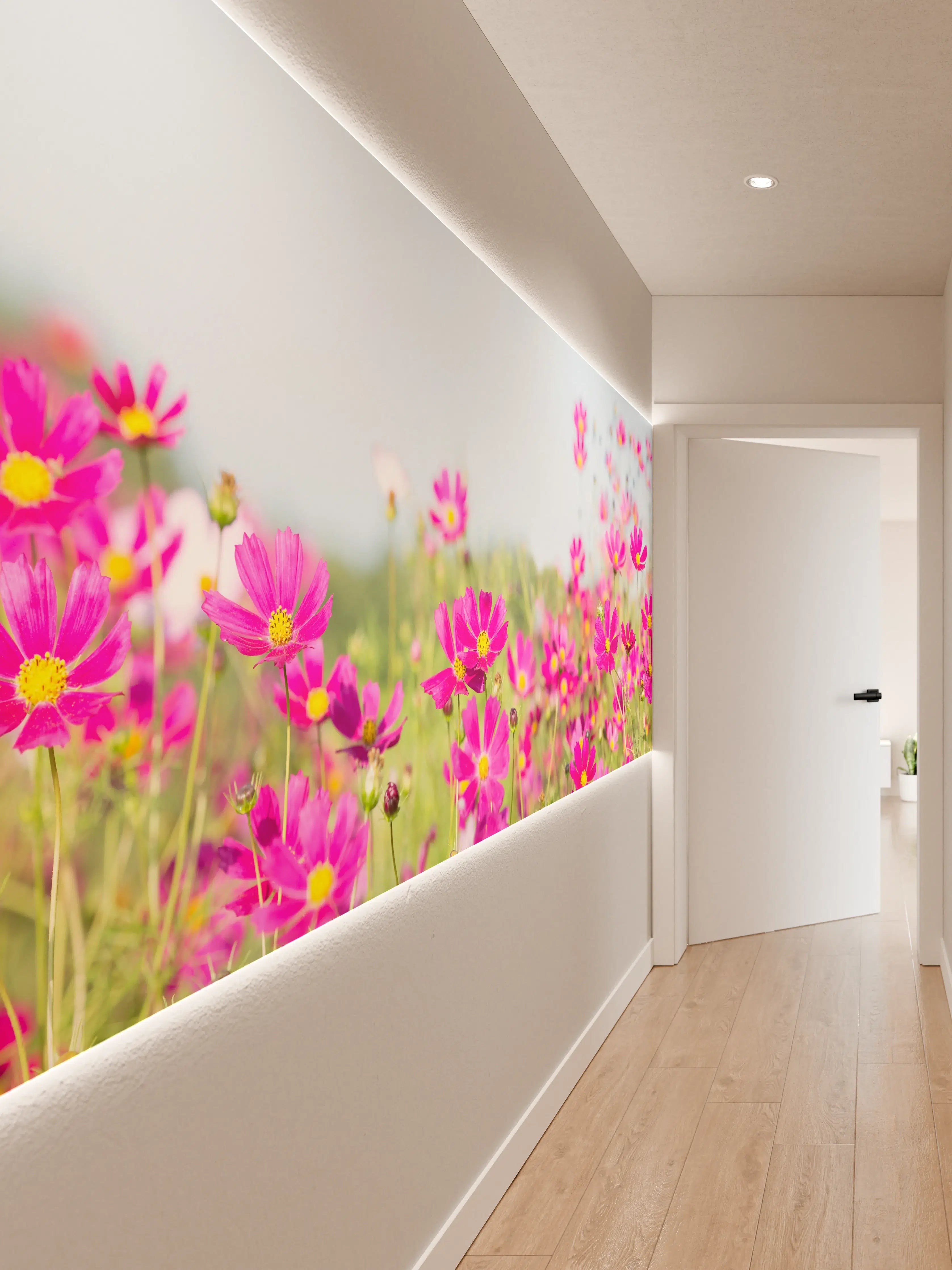 Wandverkleidung Flur - Rosa Blumenwiese Panorama