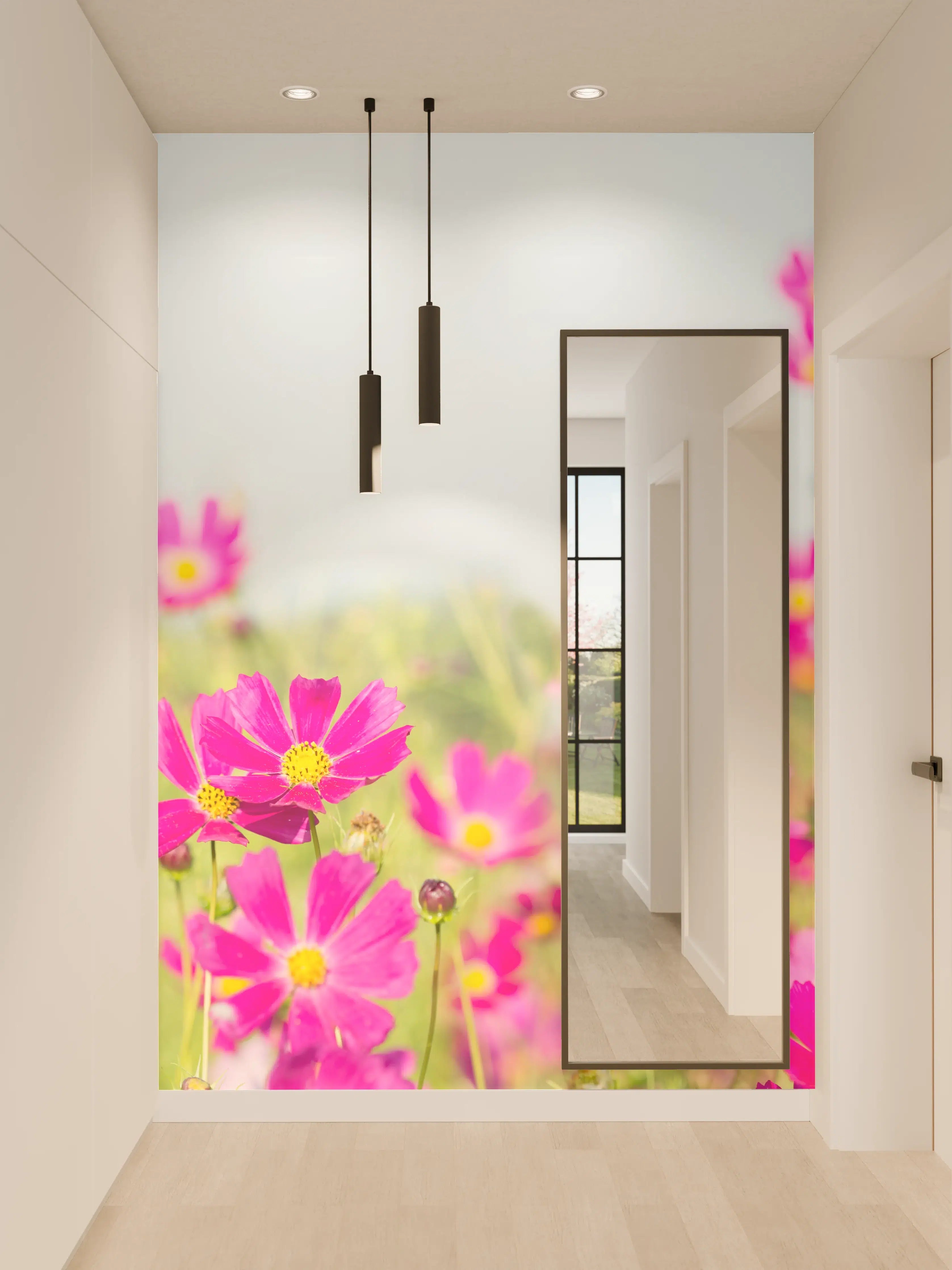 Wandverkleidung Flur - Rosa Blumenwiese Panorama