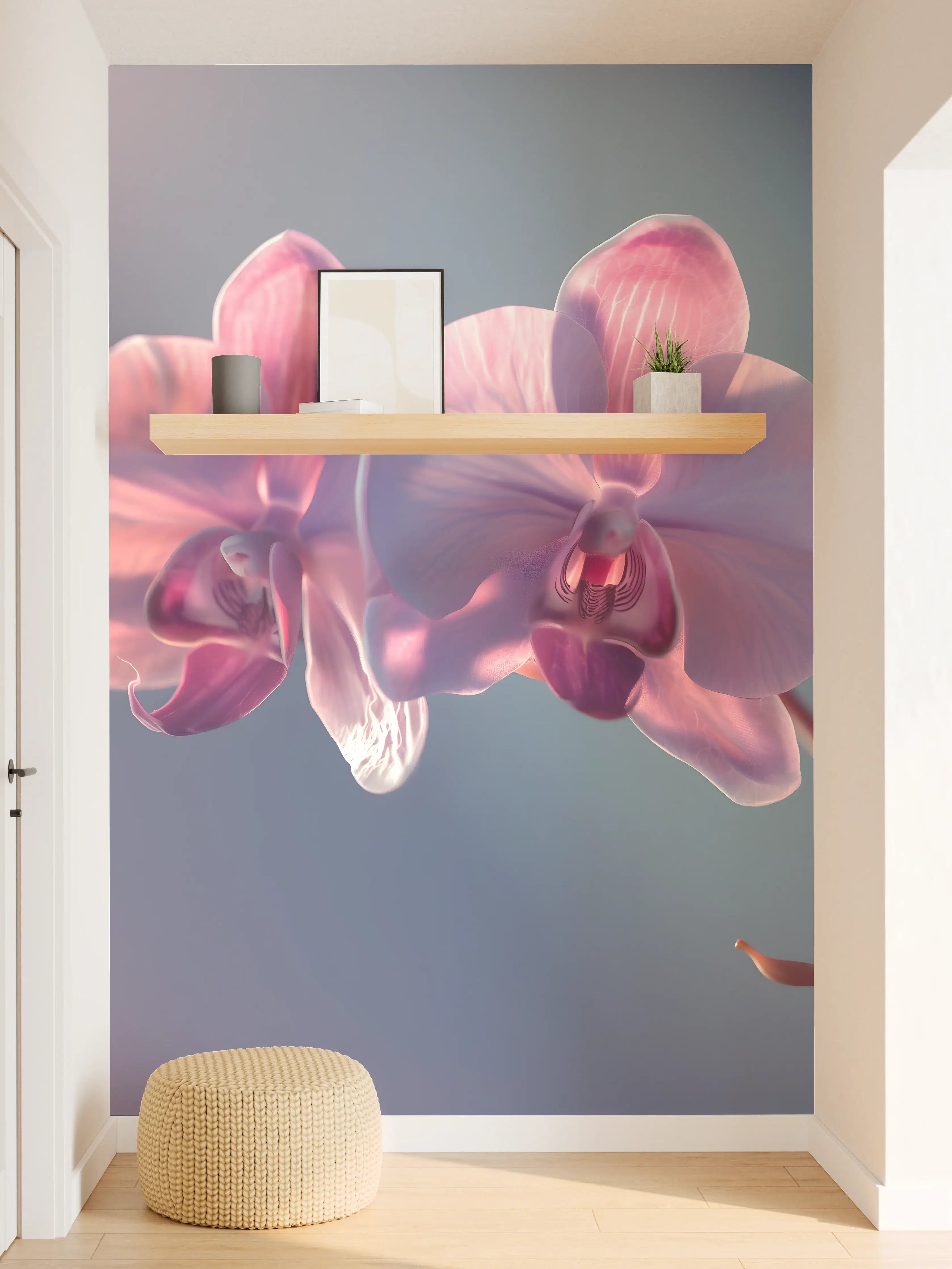 Wandverkleidung Flur - Rosa Orchideen auf Blau