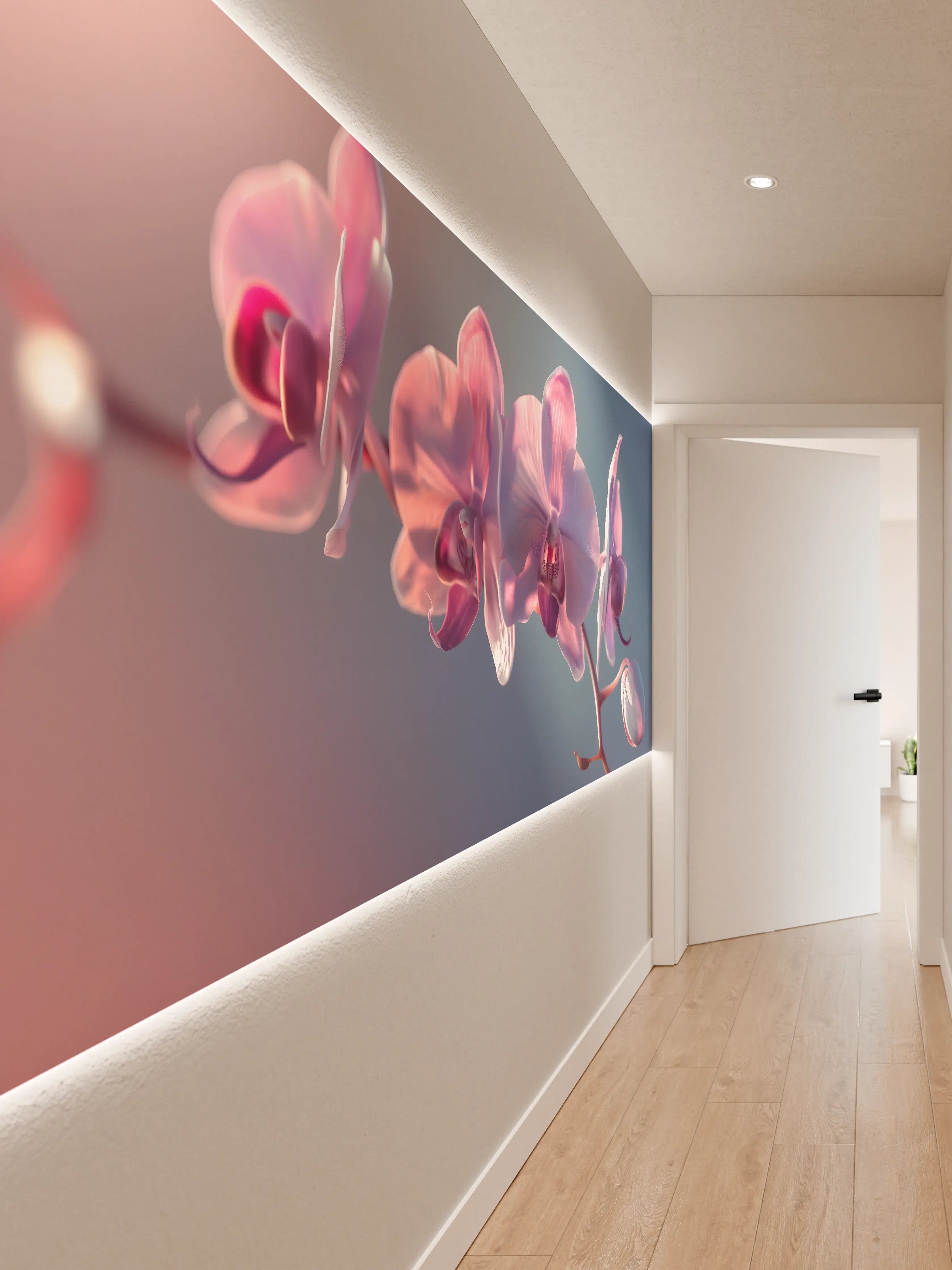 Wandverkleidung Flur - Rosa Orchideen auf Blau