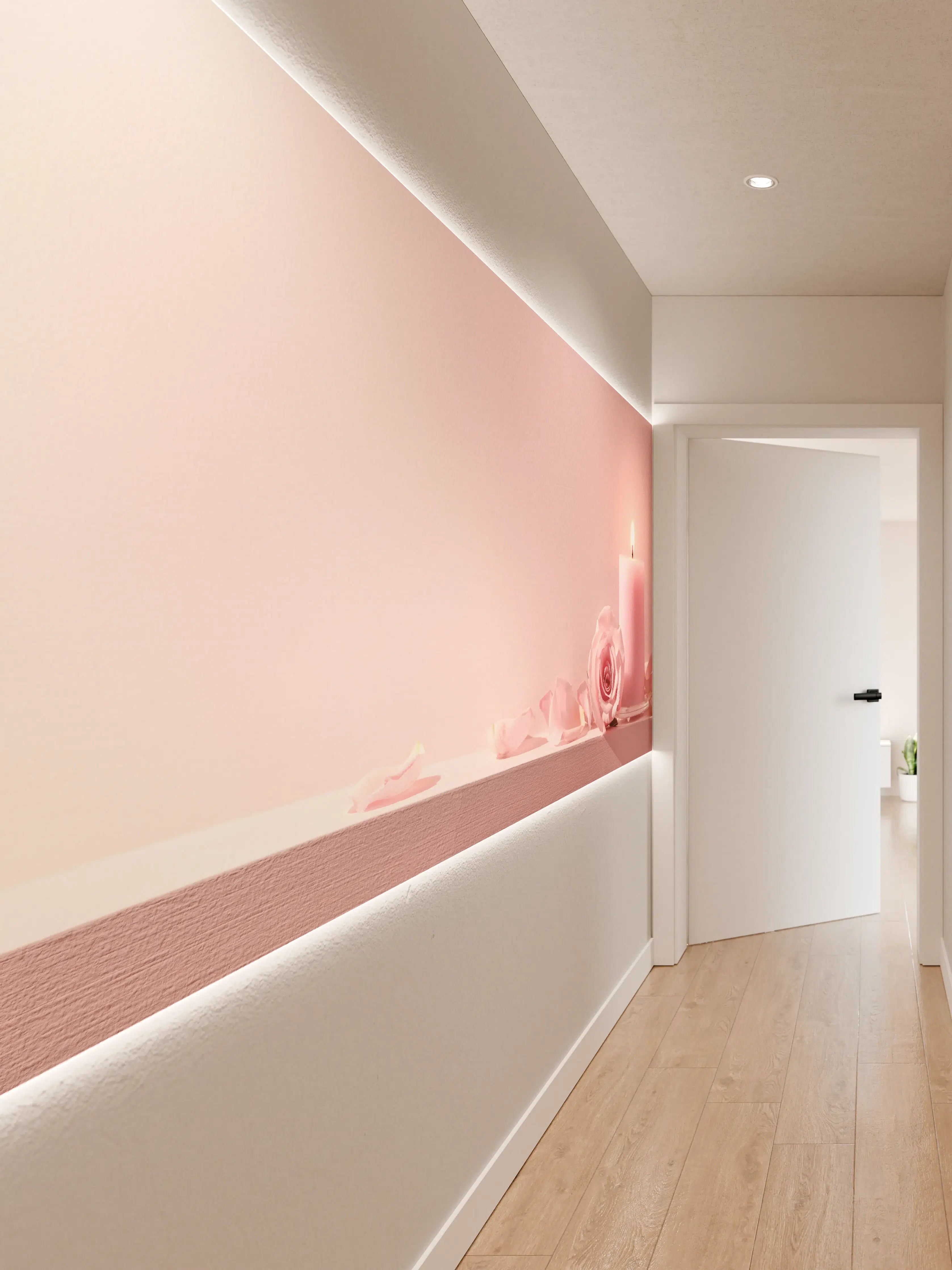 Wandverkleidung Flur - Rosa Rosen und Kerze auf einem rosa Hintergrund