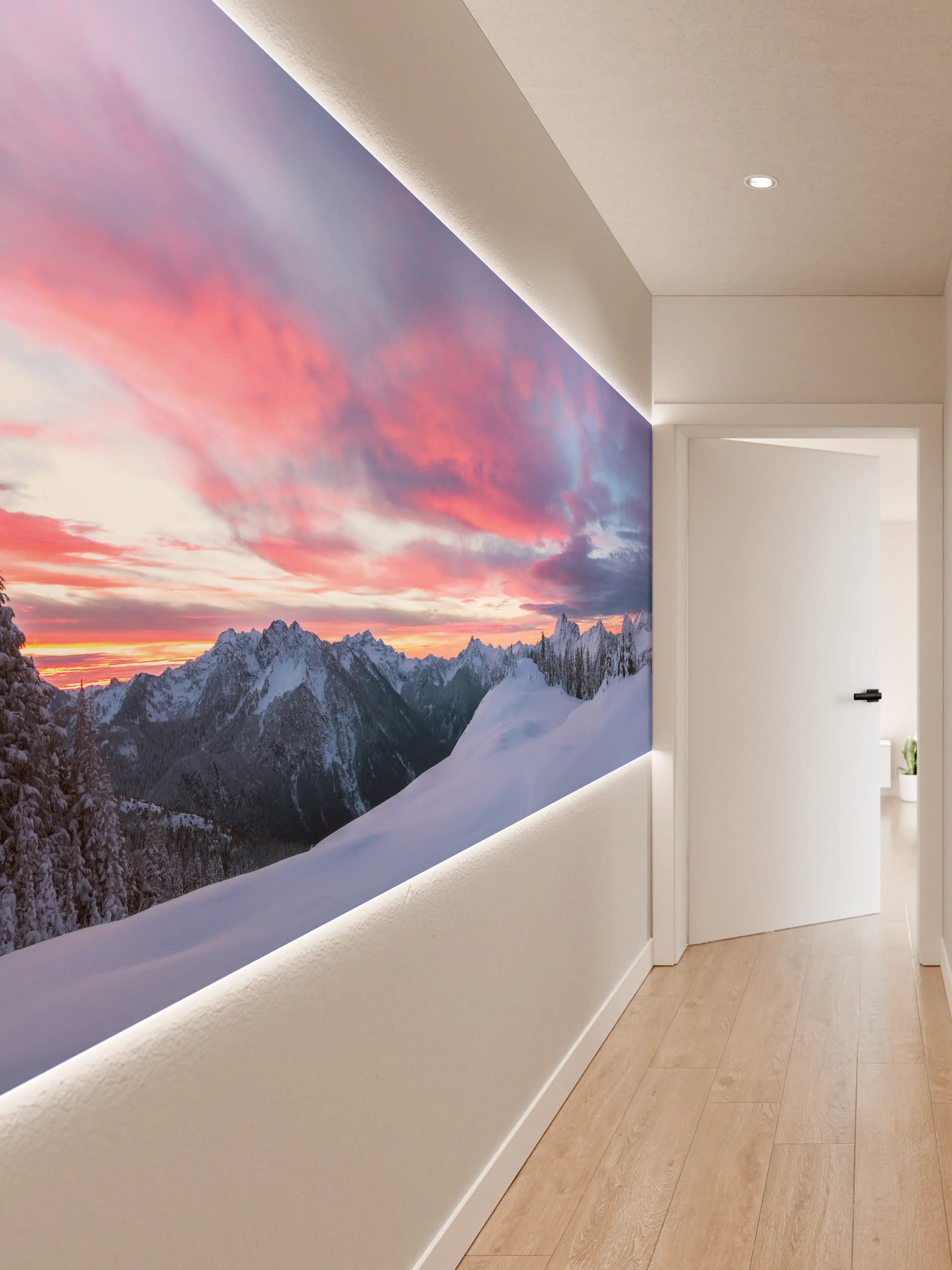 Wandverkleidung Flur - Rosa Sonnenuntergang Bergpanorama