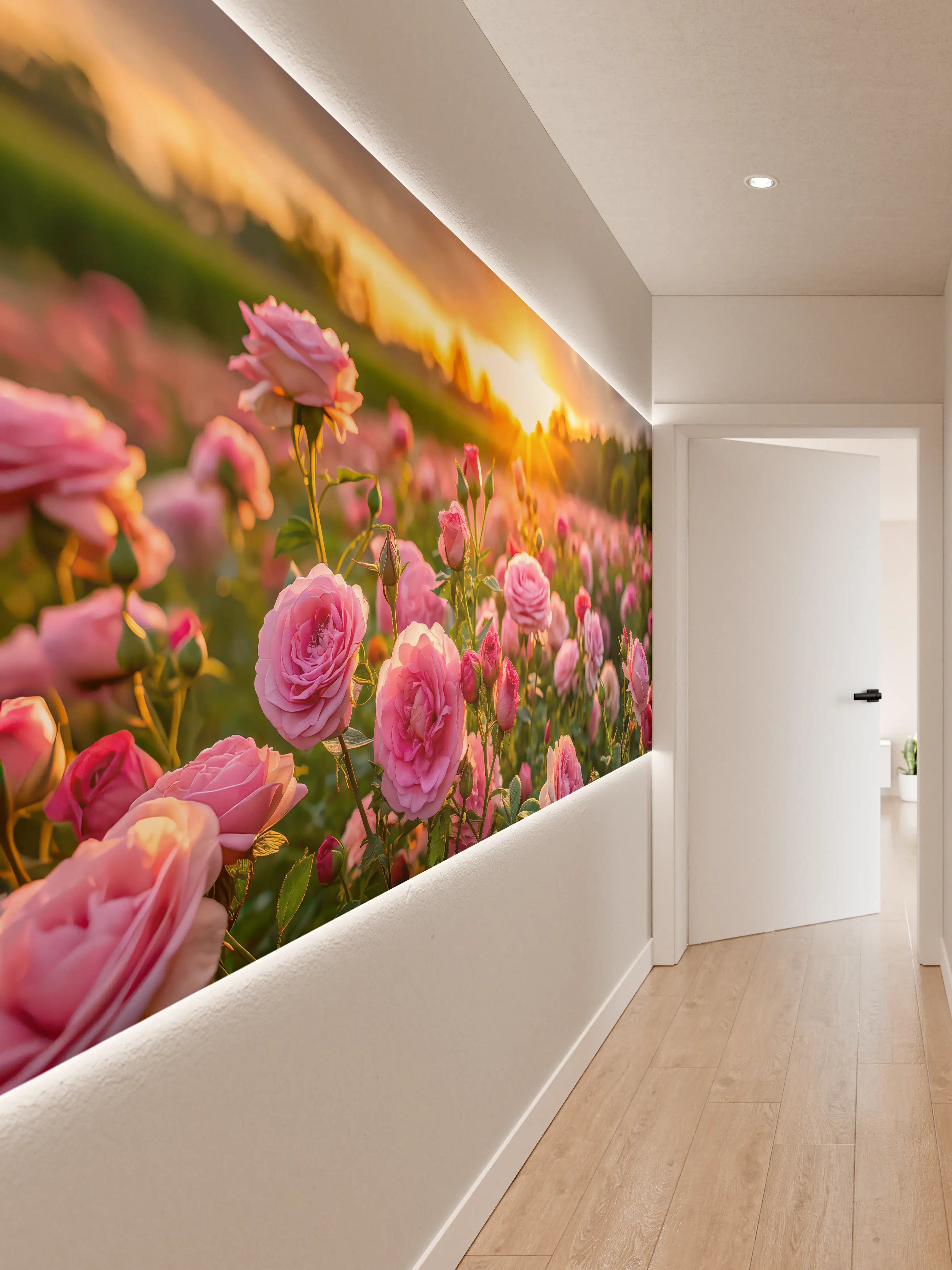 Wandverkleidung Flur - Rosenwiese bei Sonnenuntergang