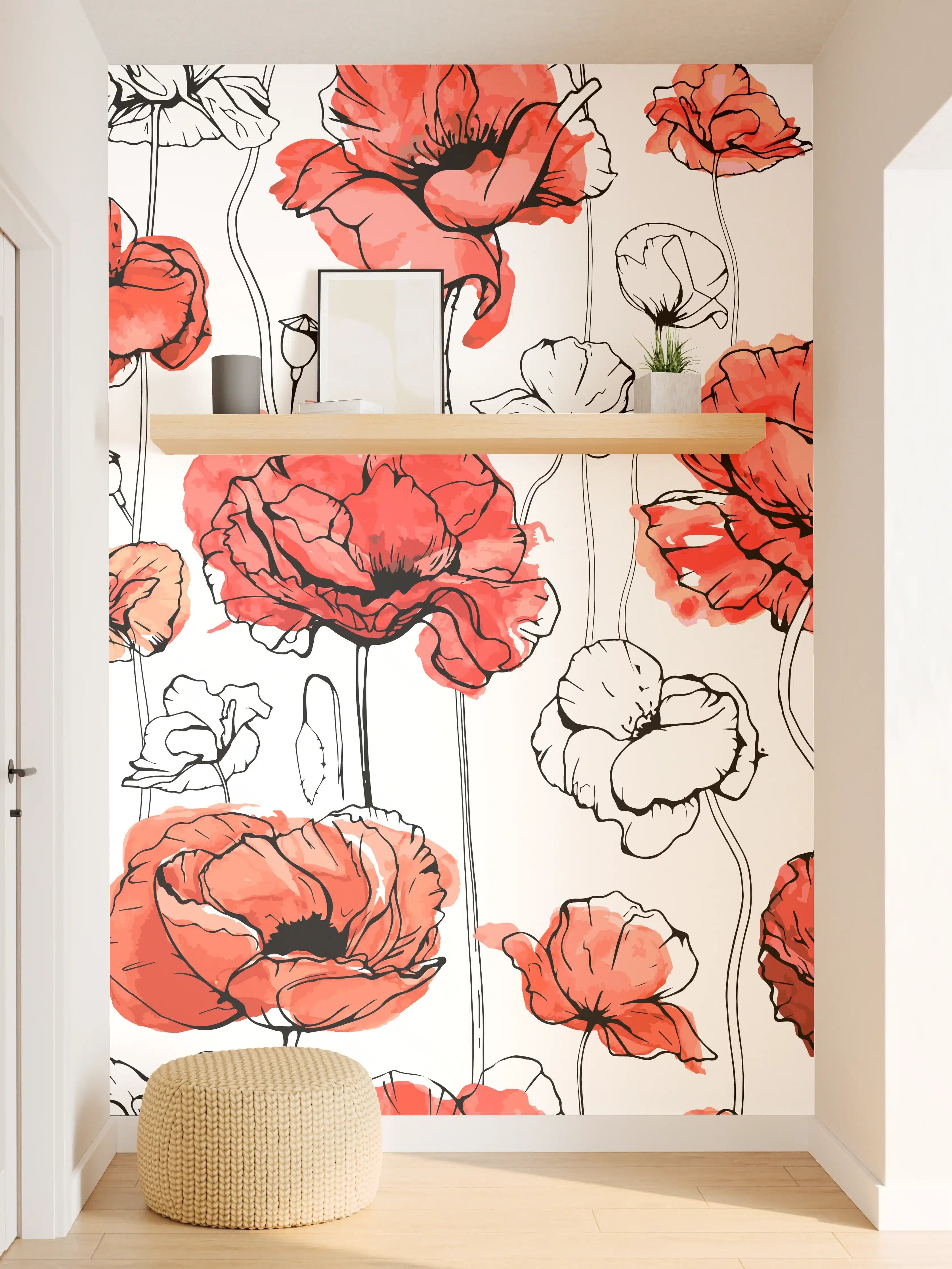 Wandverkleidung Flur - Rote Mohnblumen Lineart Muster