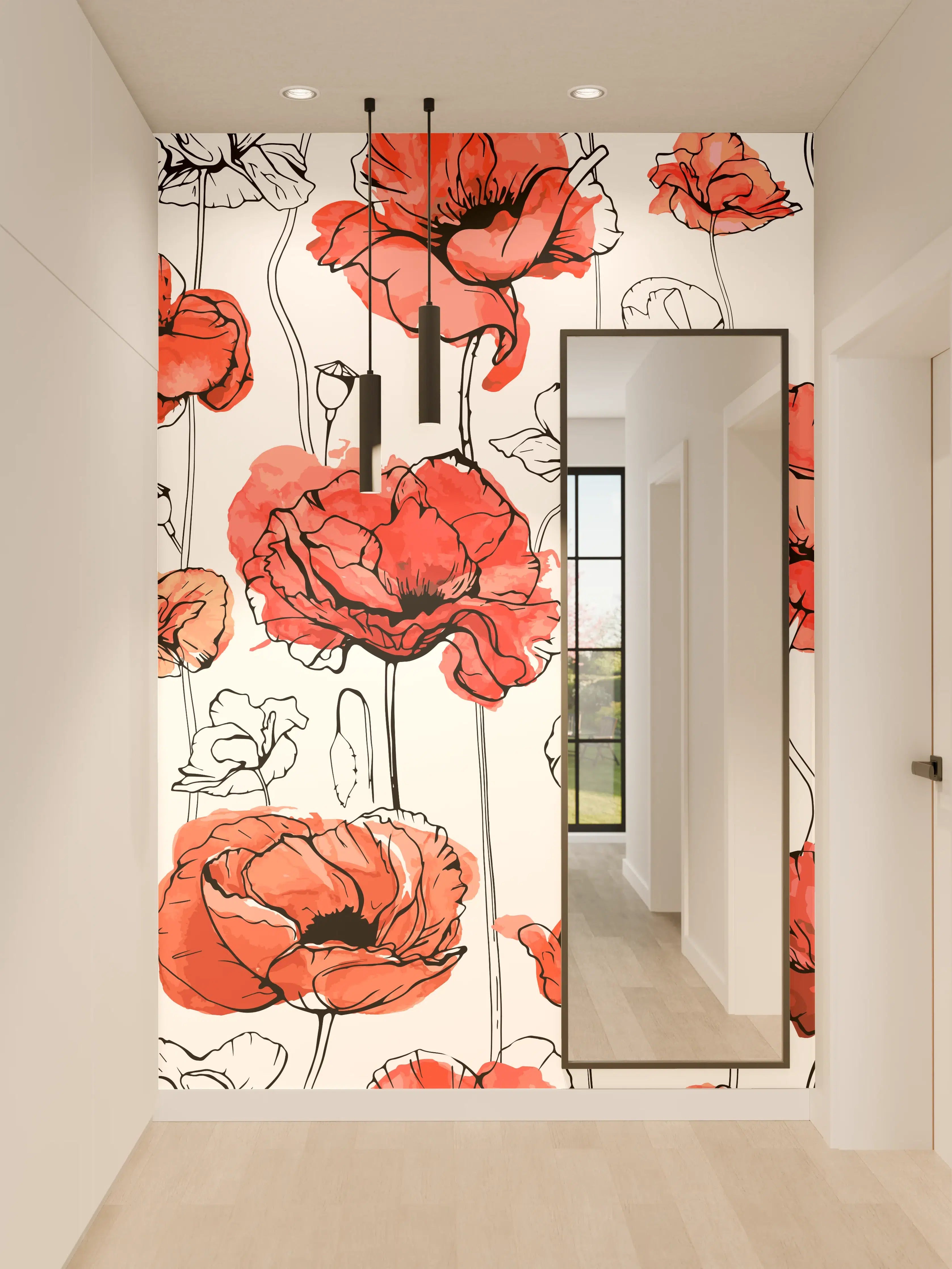 Wandverkleidung Flur - Rote Mohnblumen Lineart Muster