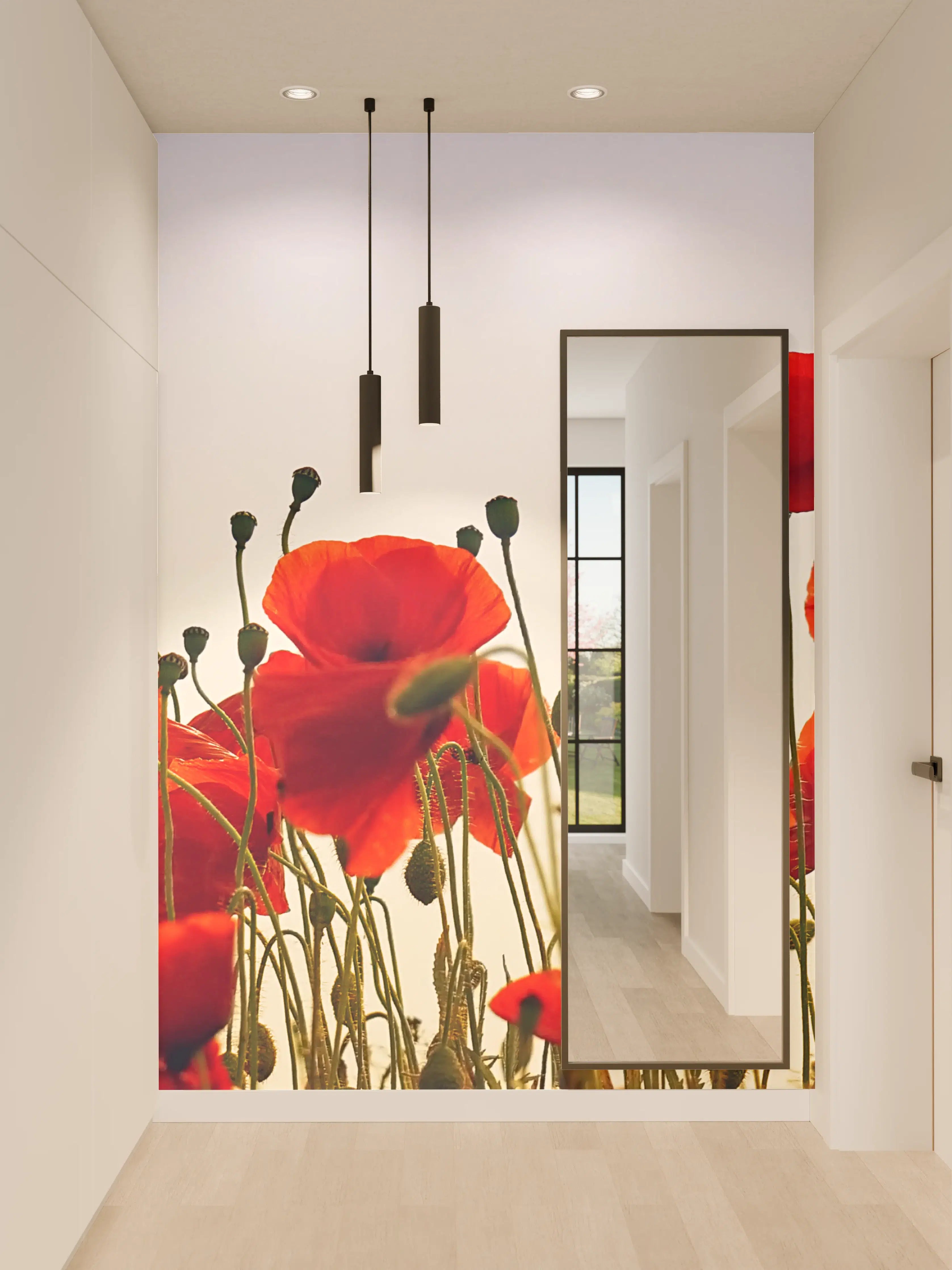 Wandverkleidung Flur - Rote Mohnblumen im Feld bei Sonnenaufgang