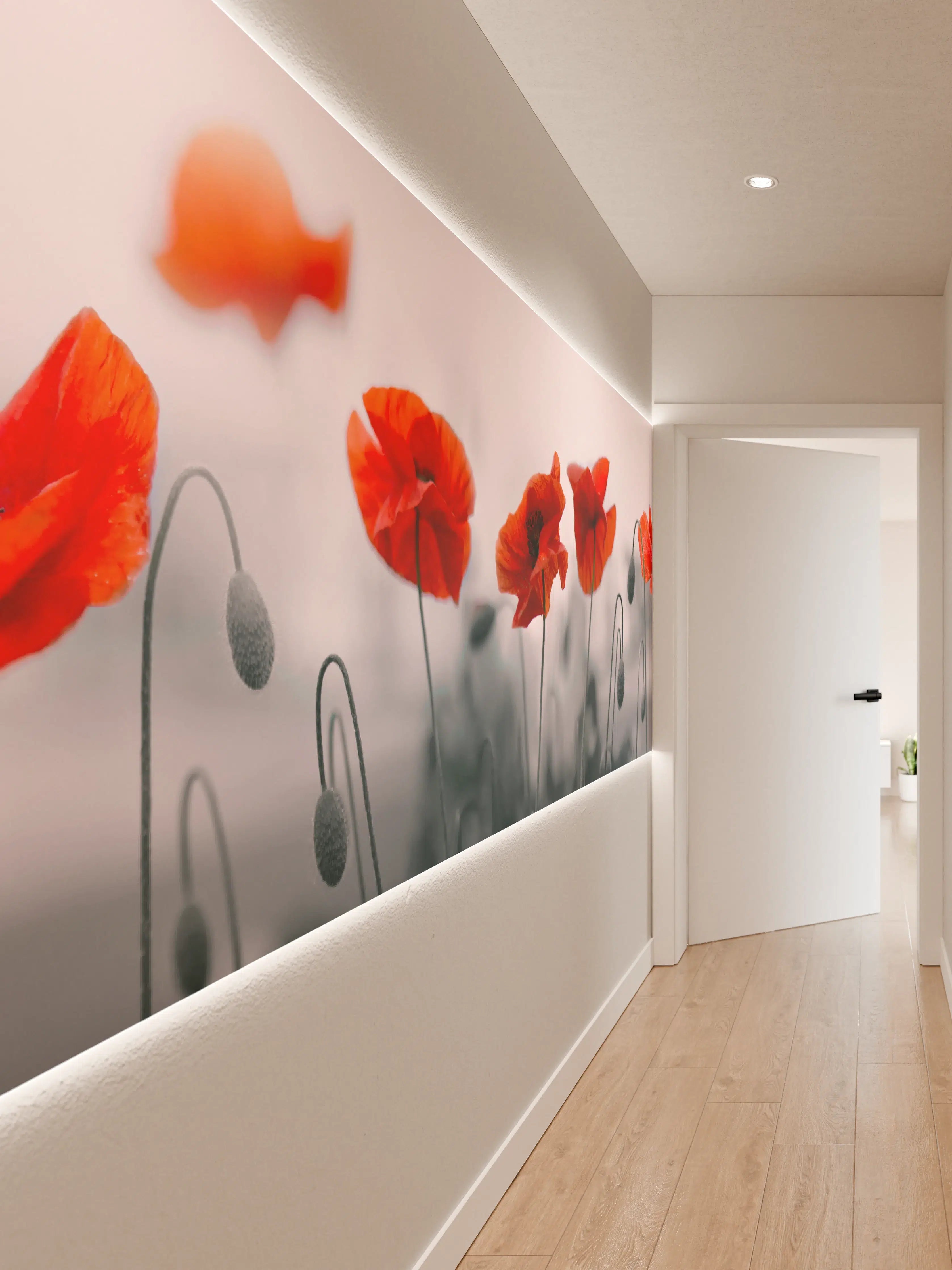 Wandverkleidung Flur - Roter Mohn auf hellem Hintergrund