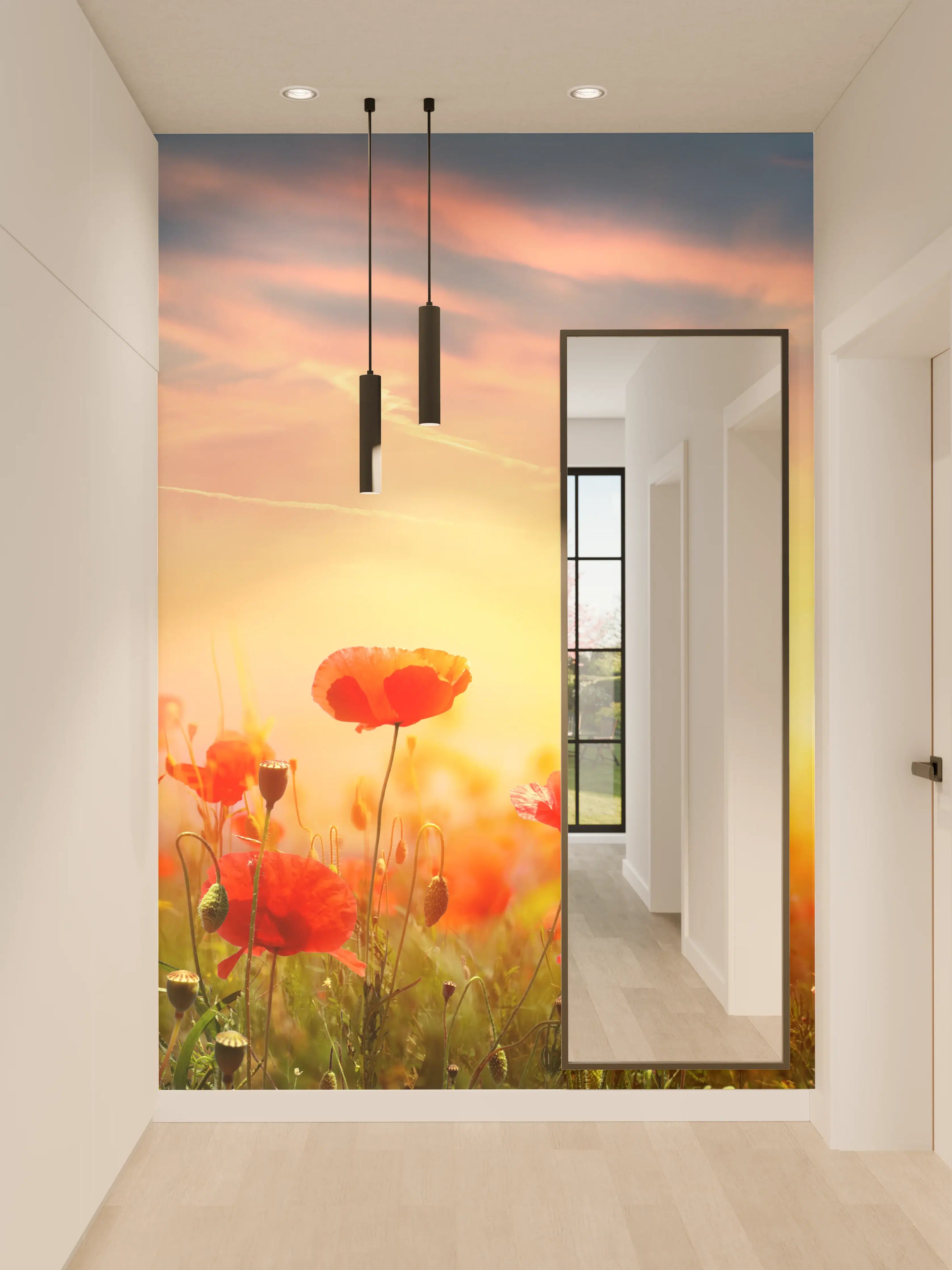 Wandverkleidung Flur - Roter Mohnfeld Sonnenaufgang