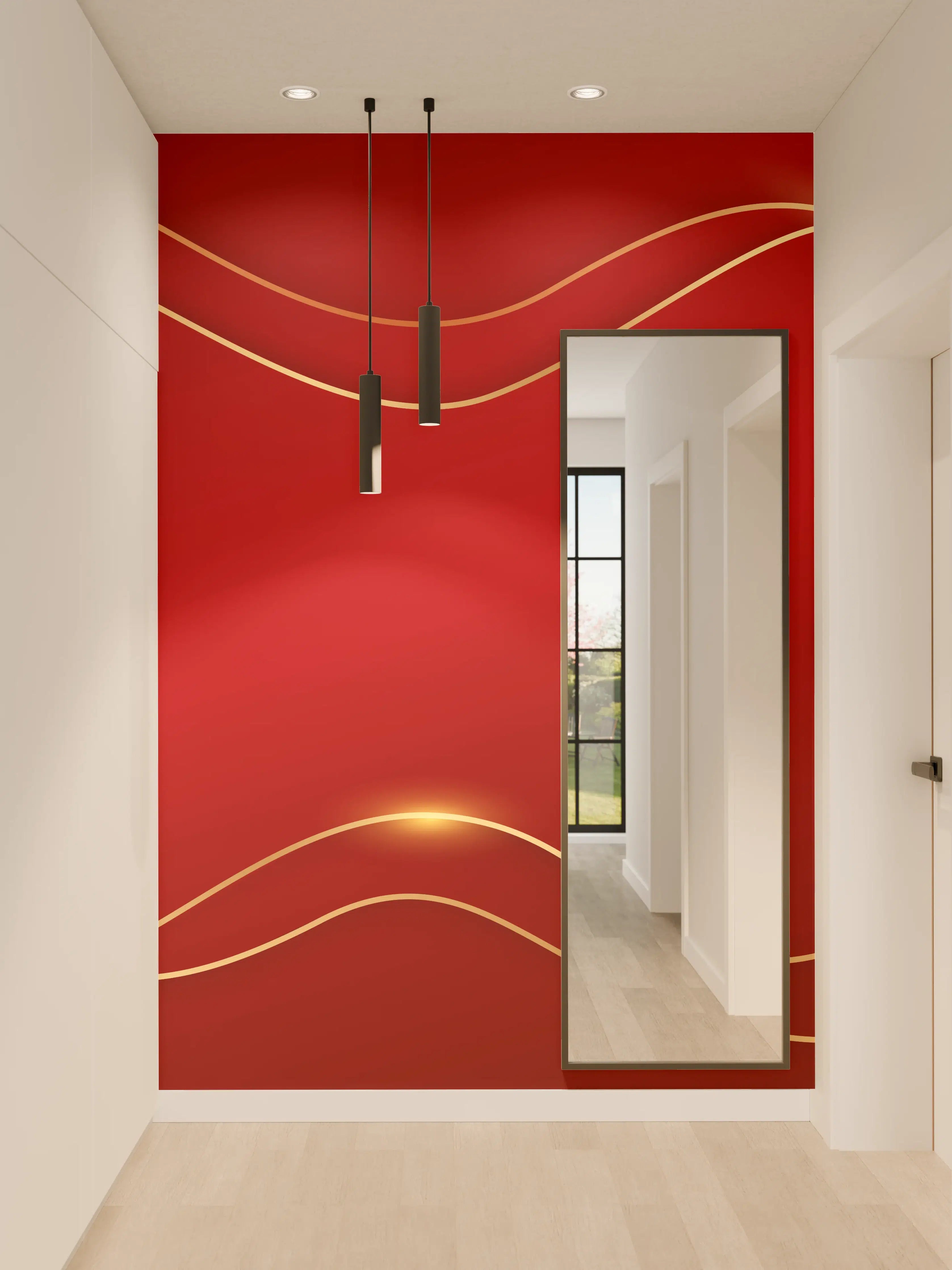 Wandverkleidung Flur - Rotes Luxus-Design mit Goldakzenten