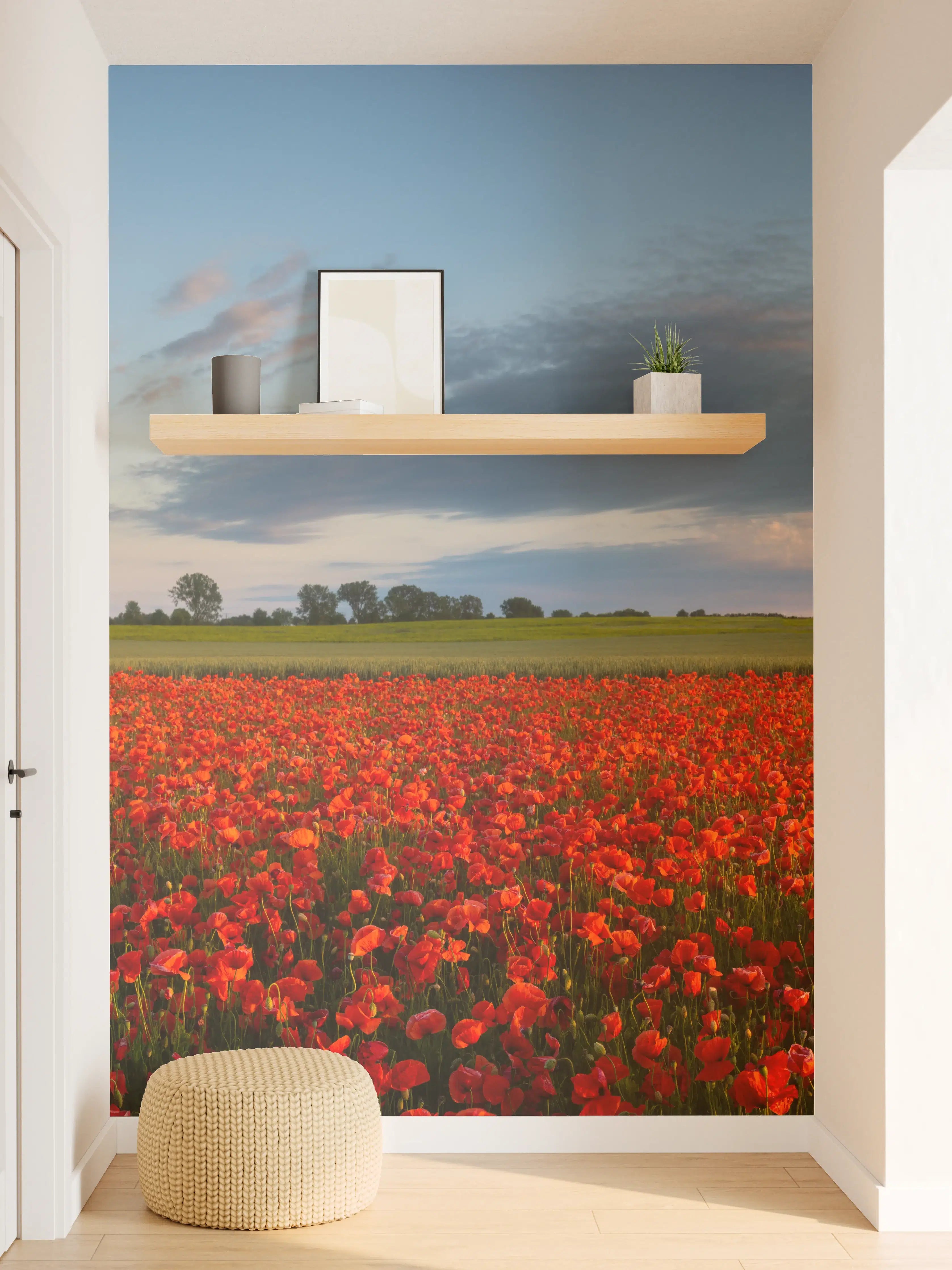 Wandverkleidung Flur - Rotes Mohnfeld unter blauem Himmel
