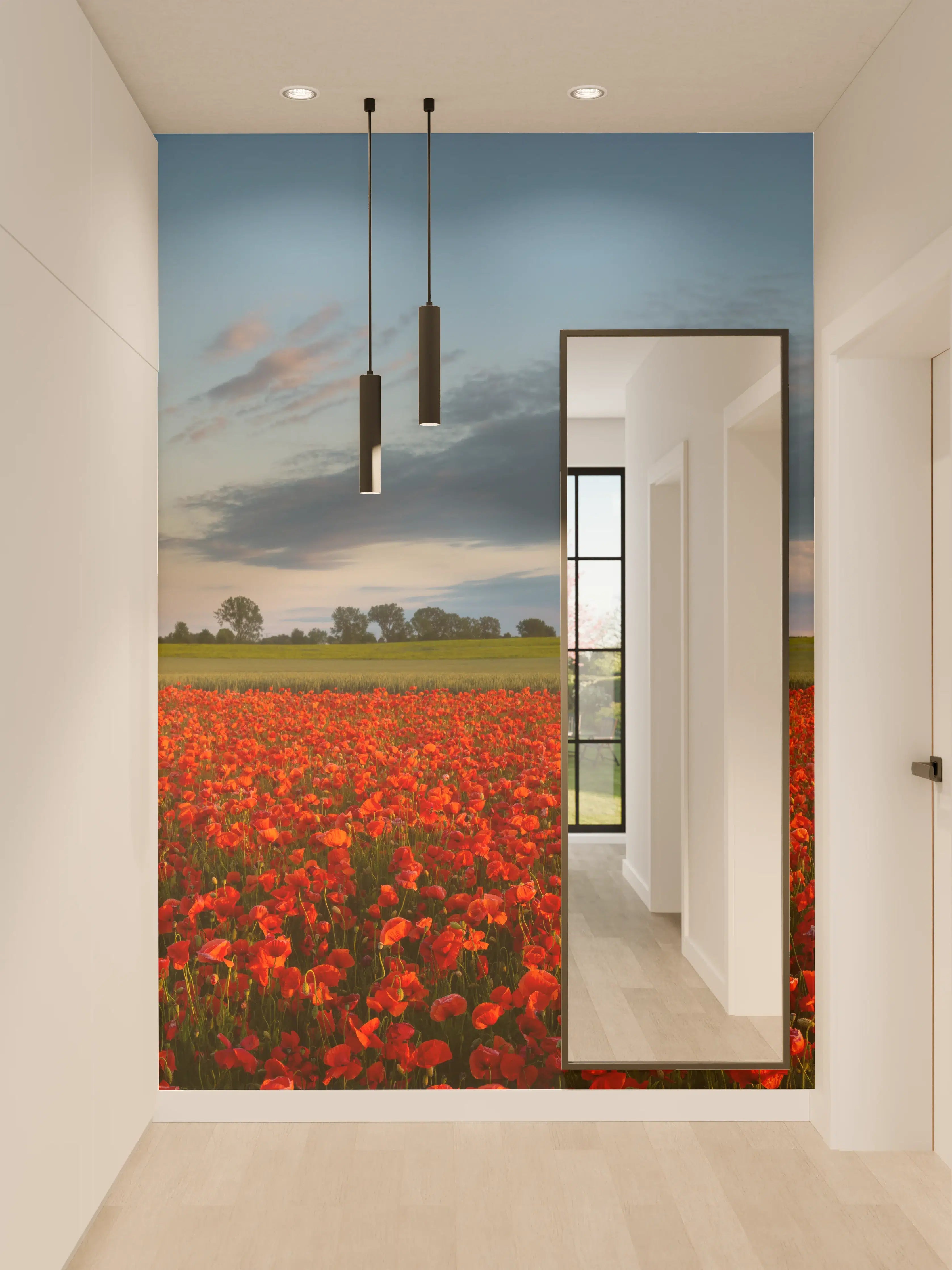 Wandverkleidung Flur - Rotes Mohnfeld unter blauem Himmel