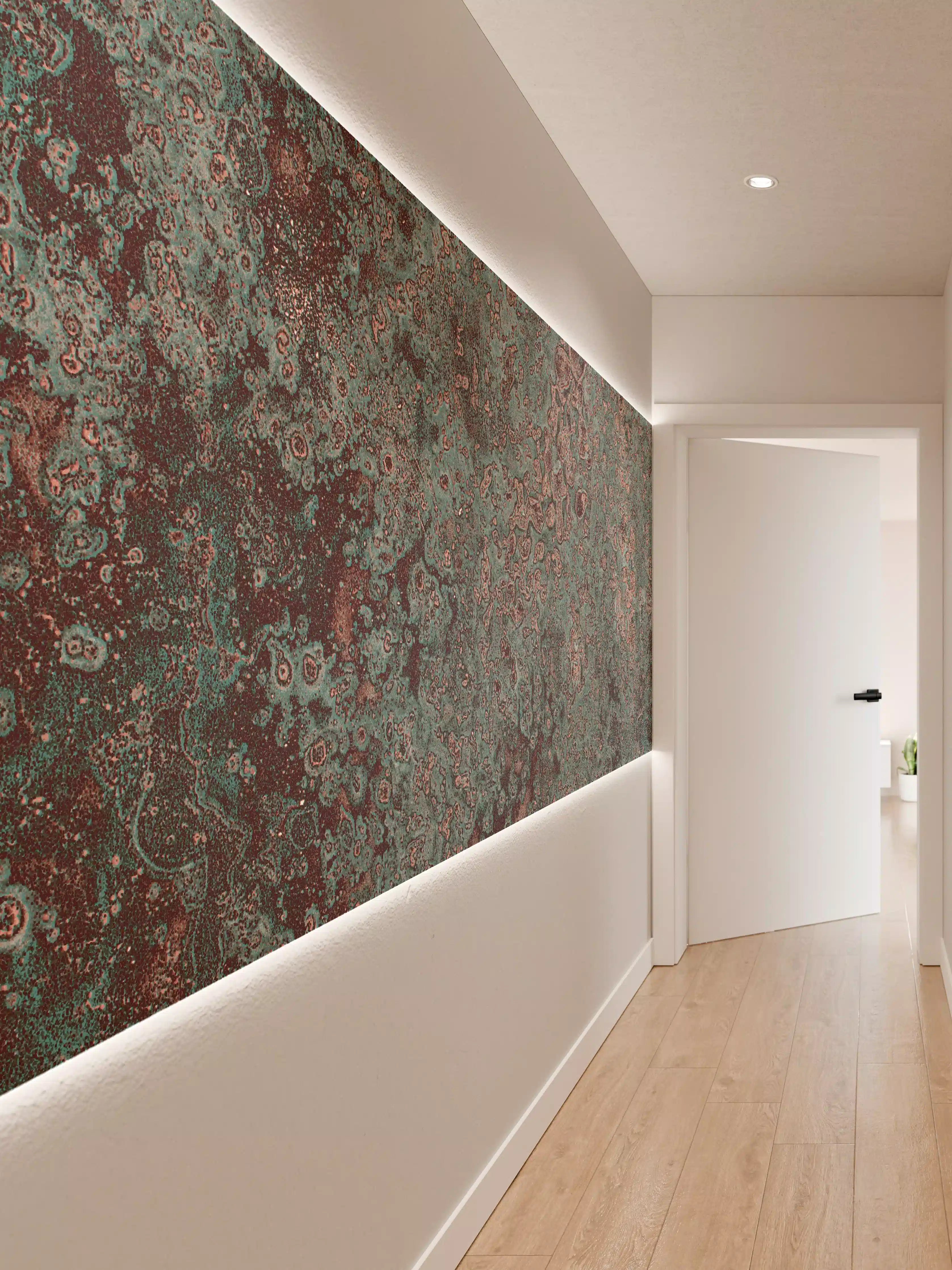 Wandverkleidung Flur - Rustikale Metalltextur mit grünen und braunen Farbtönen