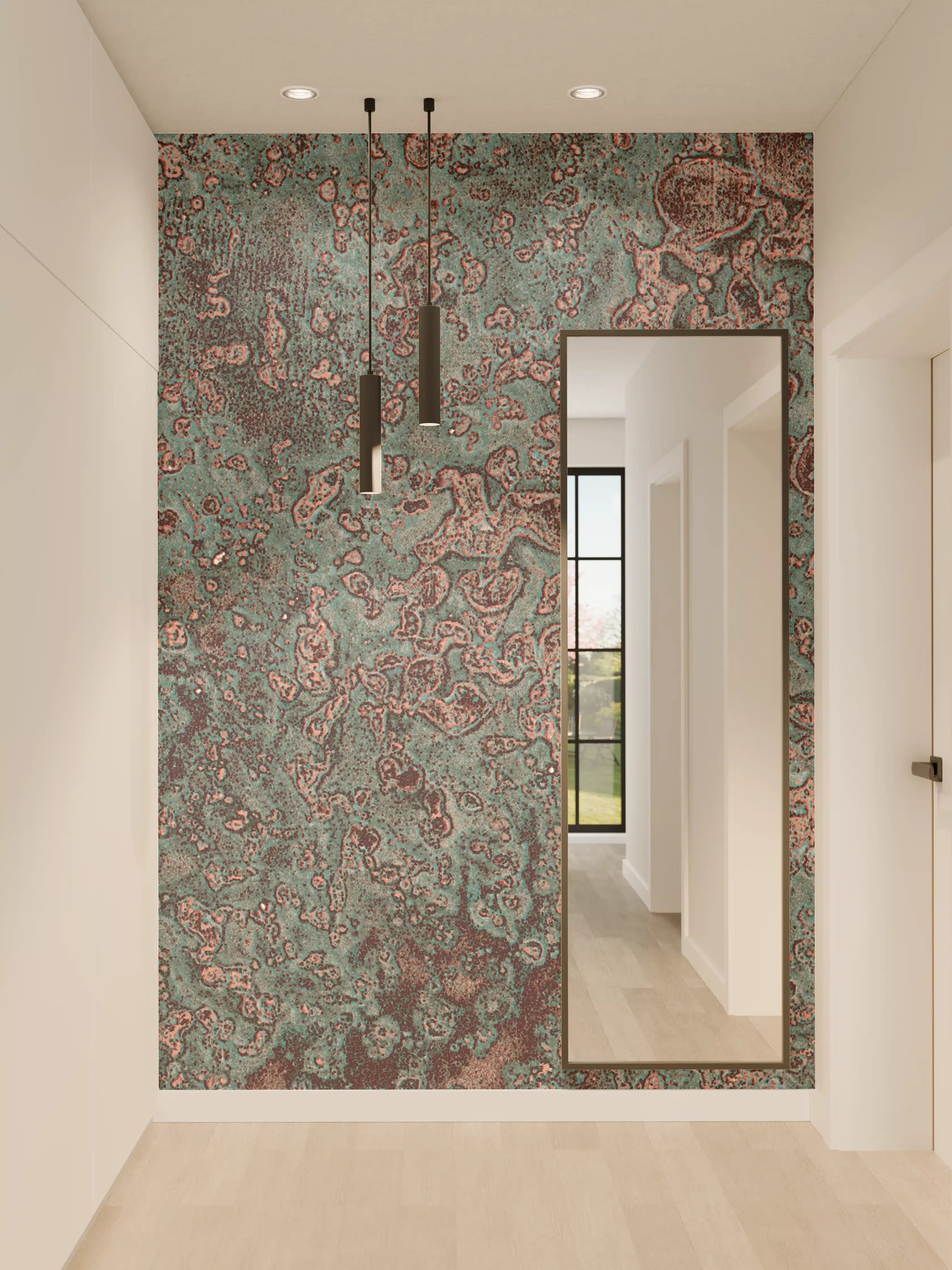 Wandverkleidung Flur - Rustikale Metalltextur mit grünen und braunen Farbtönen