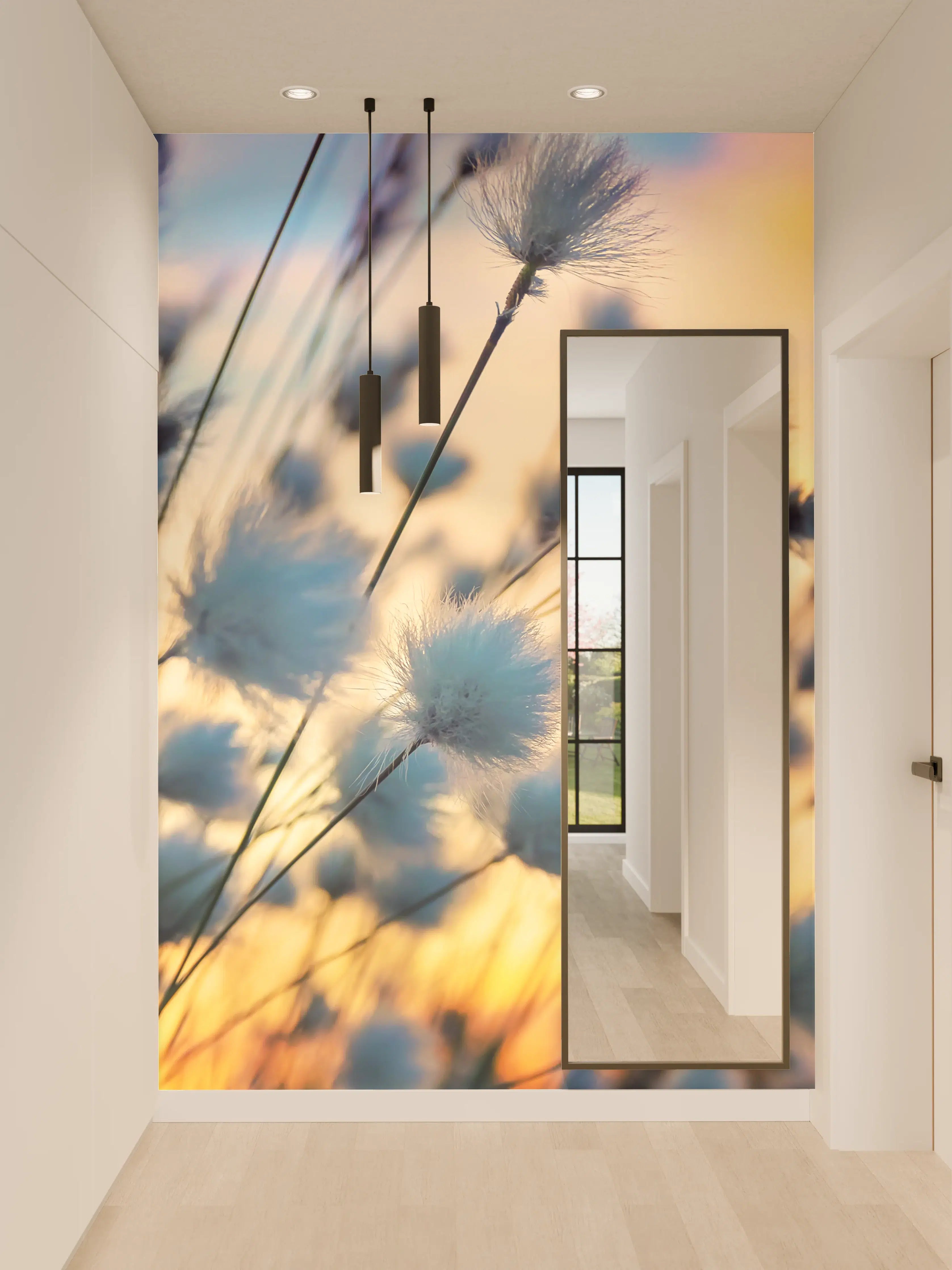 Wandverkleidung Flur - Sanfte Baumwollblumen im Sonnenuntergang
