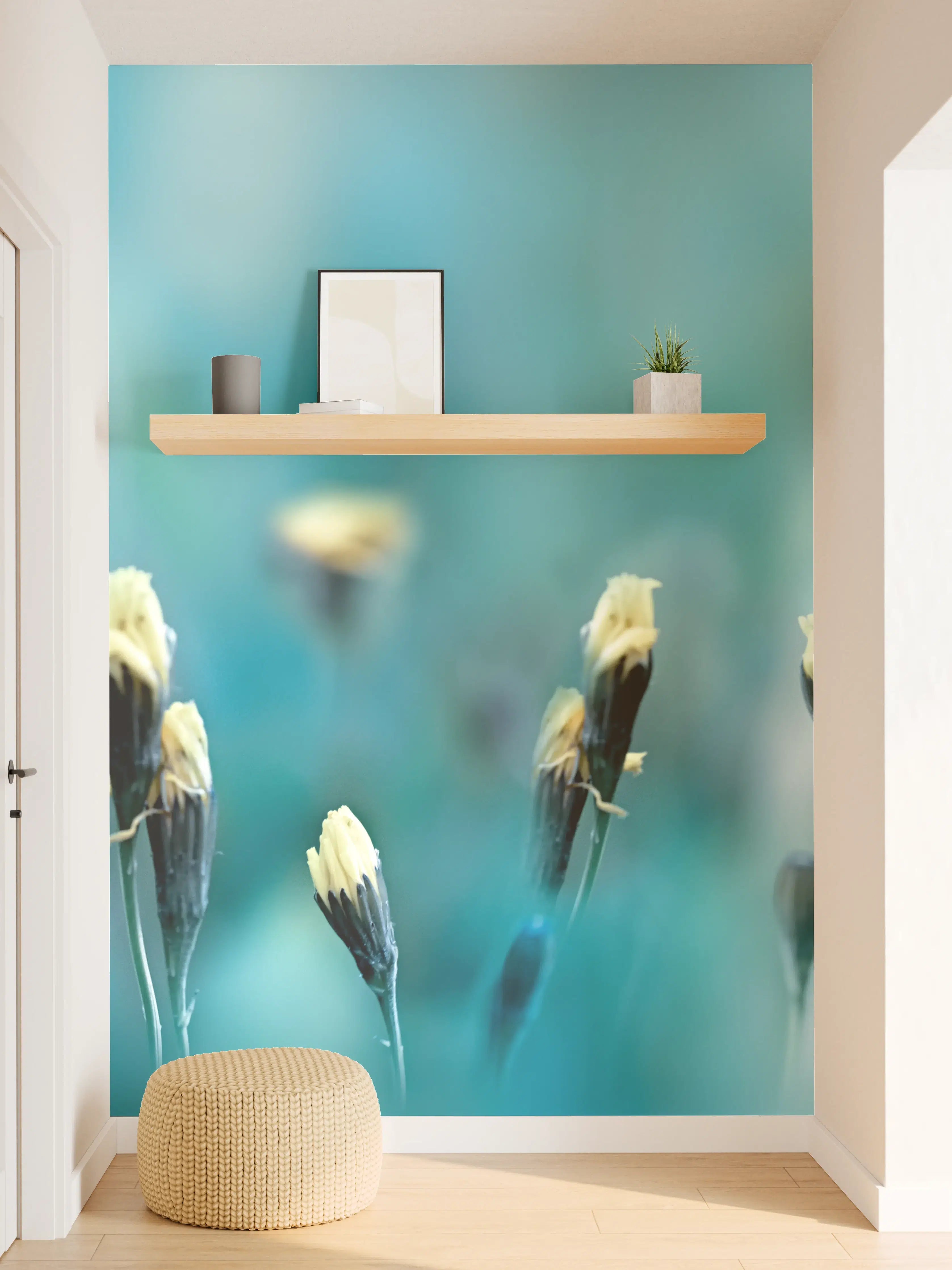 Wandverkleidung Flur - Sanfte Blüten in Blau Tönen
