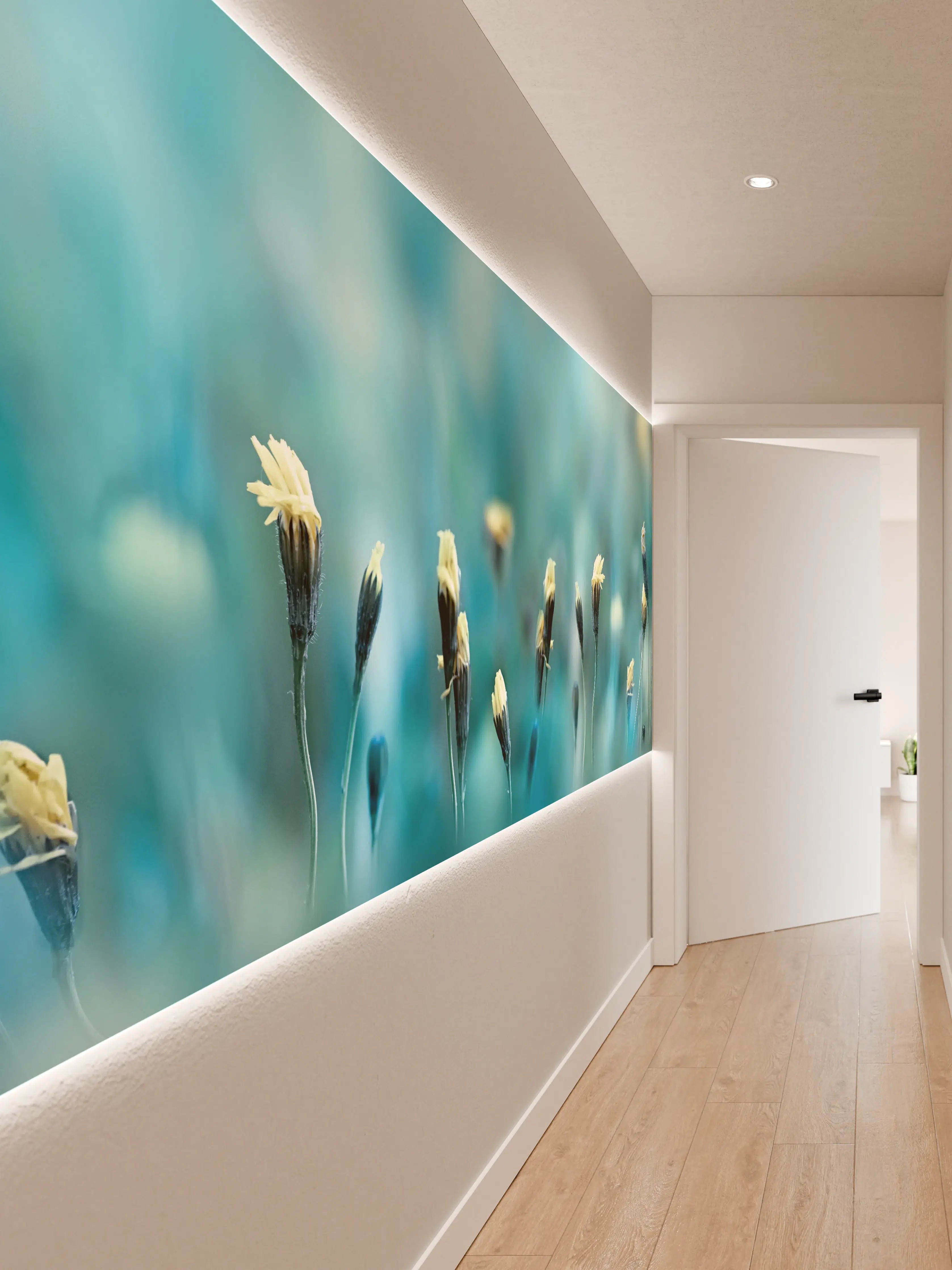 Wandverkleidung Flur - Sanfte Blüten in Blau Tönen