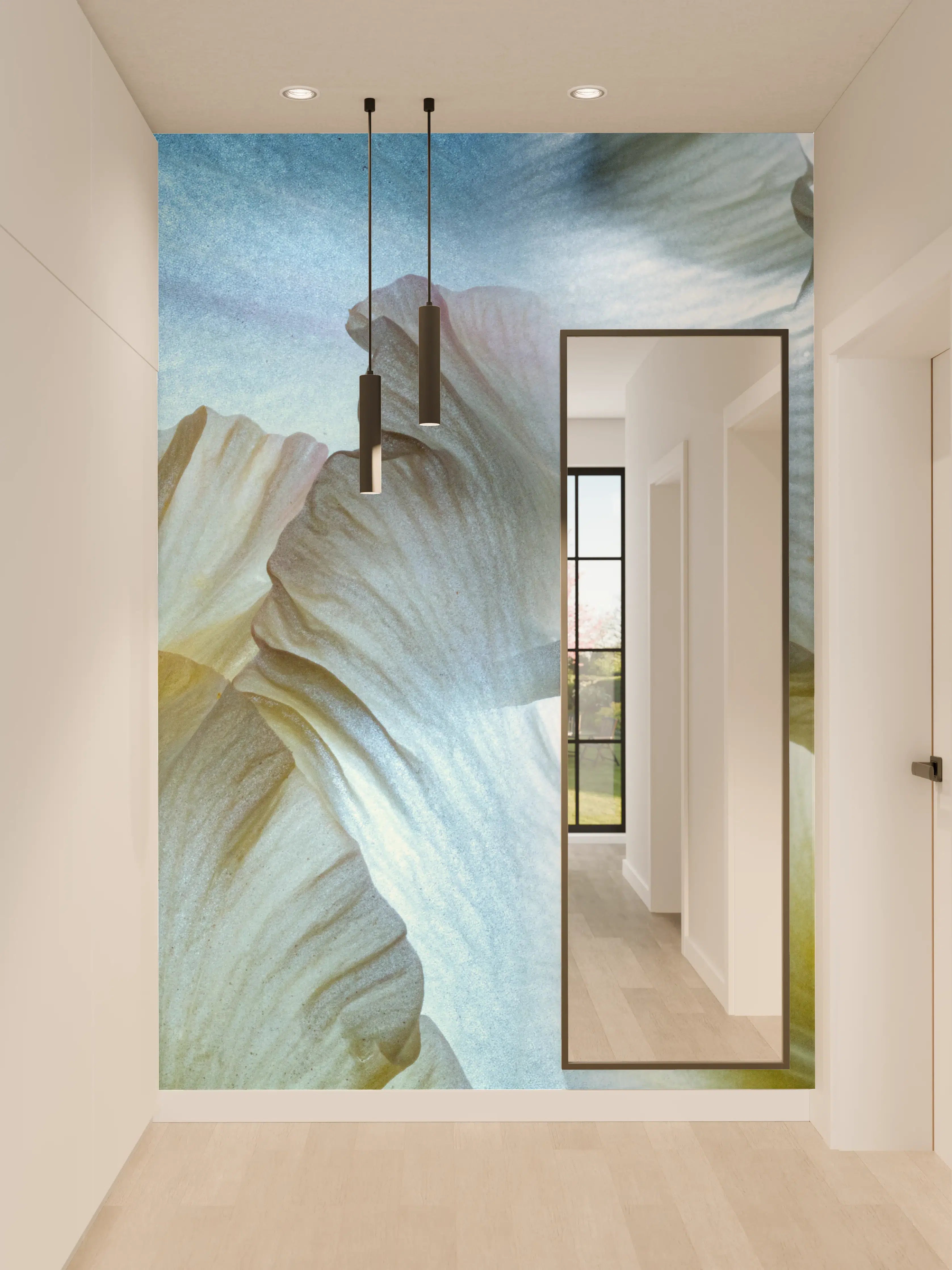 Wandverkleidung Flur - Sanfte Blumen in Blau und Gelb