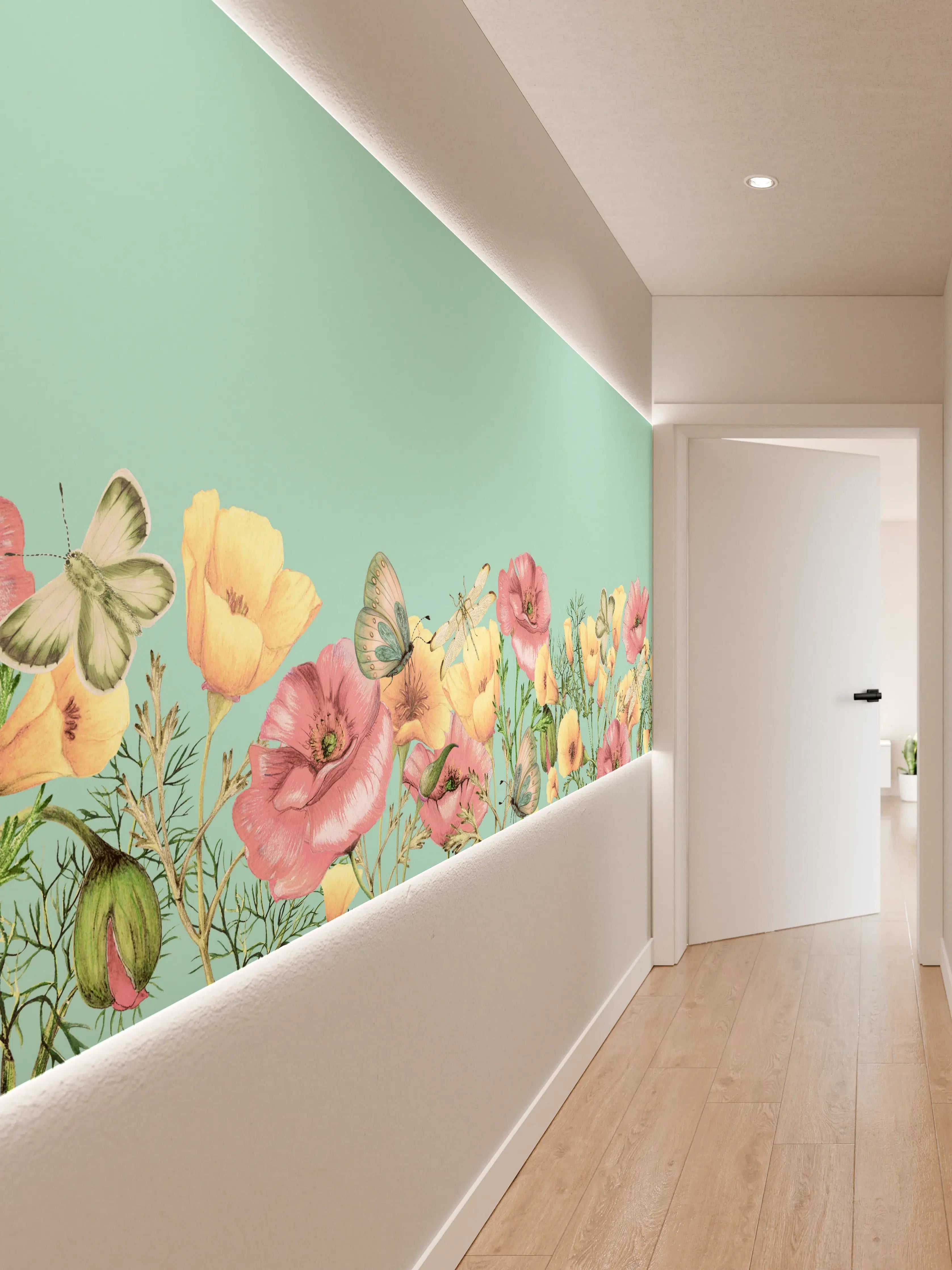 Wandverkleidung Flur - Sanfte Grautöne im Blumendesign