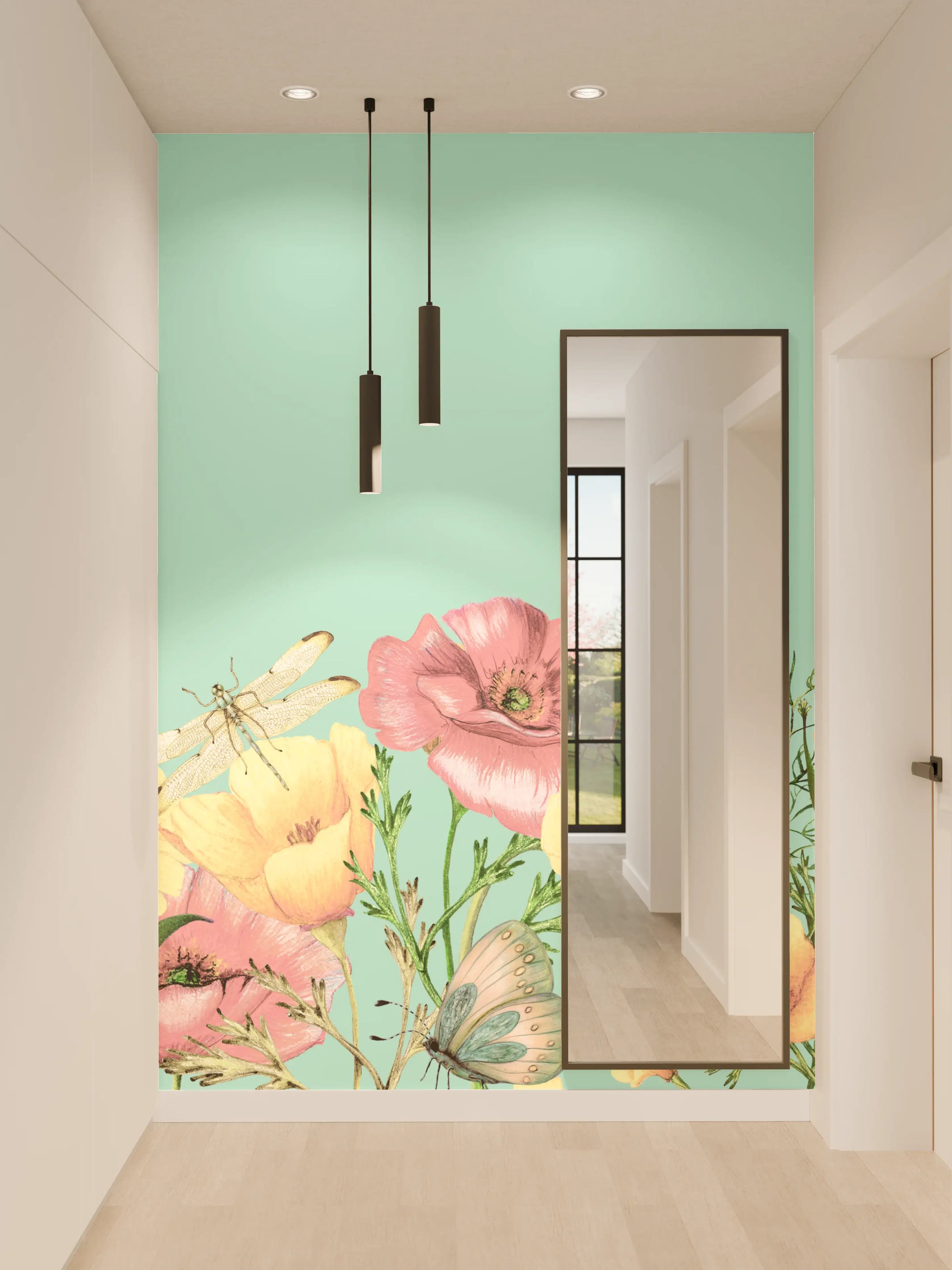 Wandverkleidung Flur - Sanfte Grautöne im Blumendesign