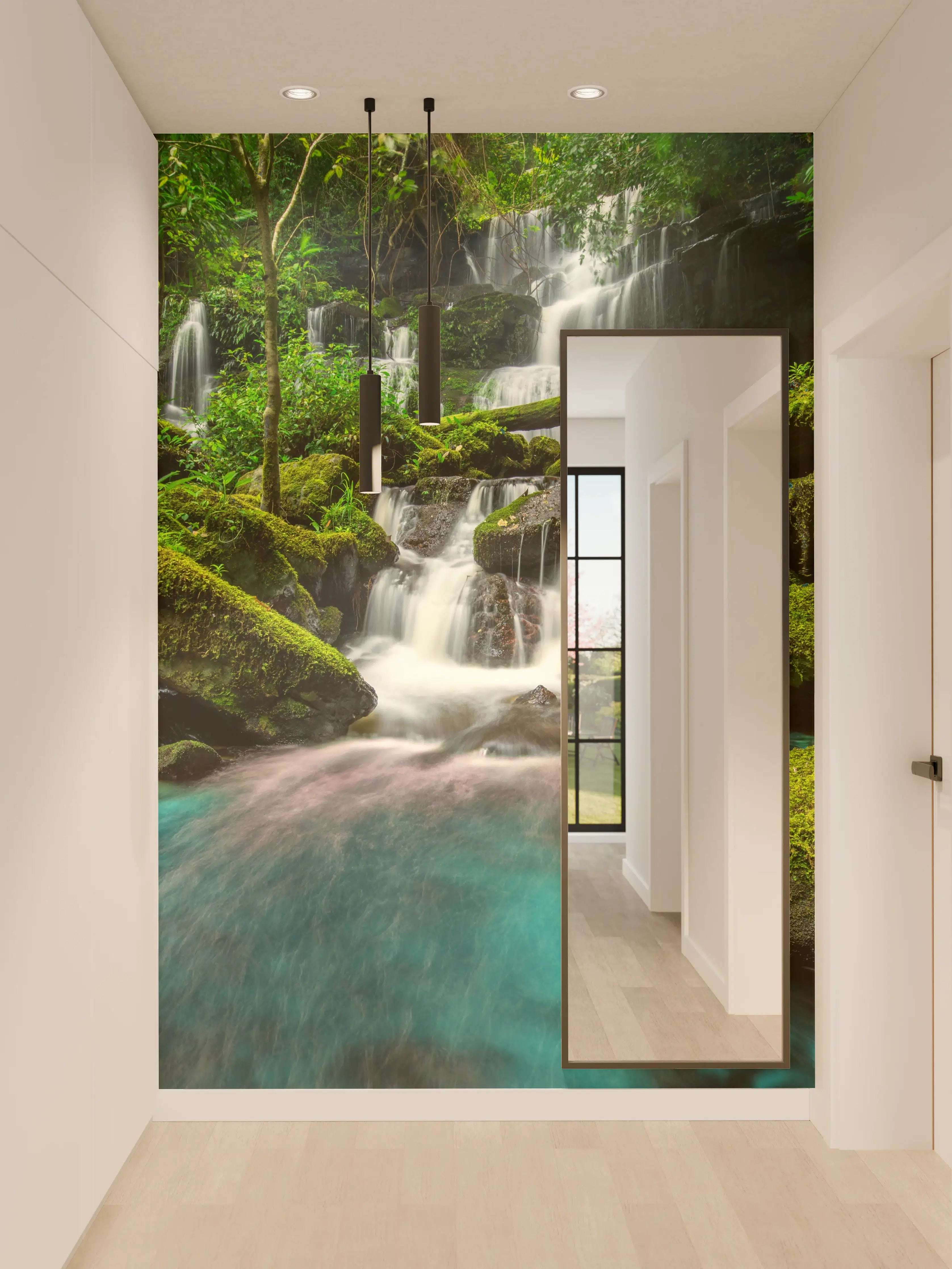 Wandverkleidung Flur - Sanfter Wasserfall im grauen Dschungel